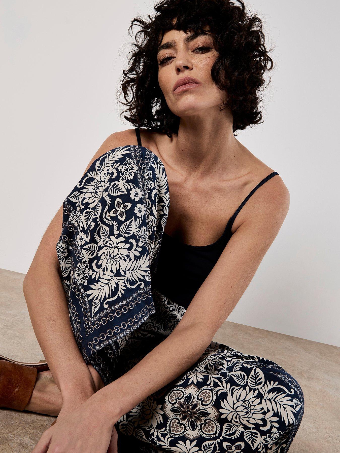 Image 5 of 6 of Apricot Kimono Scarf Print Flare Trousers - Blue