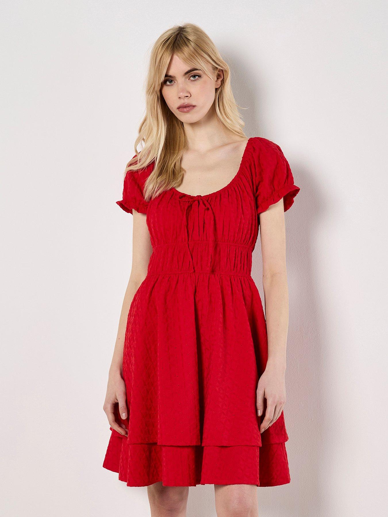 Image 1 of 3 of Apricot Eyelet Embroidered Milkmaid Dress - Red
