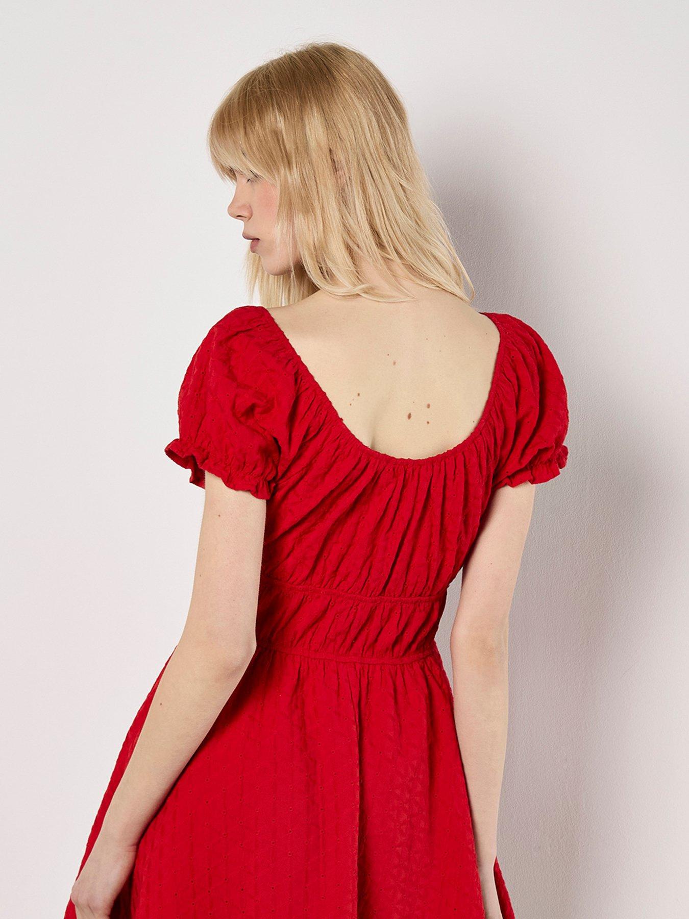 Image 2 of 3 of Apricot Eyelet Embroidered Milkmaid Dress - Red