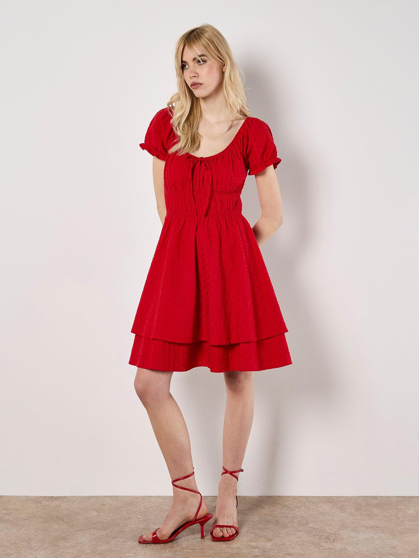 Image 3 of 3 of Apricot Eyelet Embroidered Milkmaid Dress - Red
