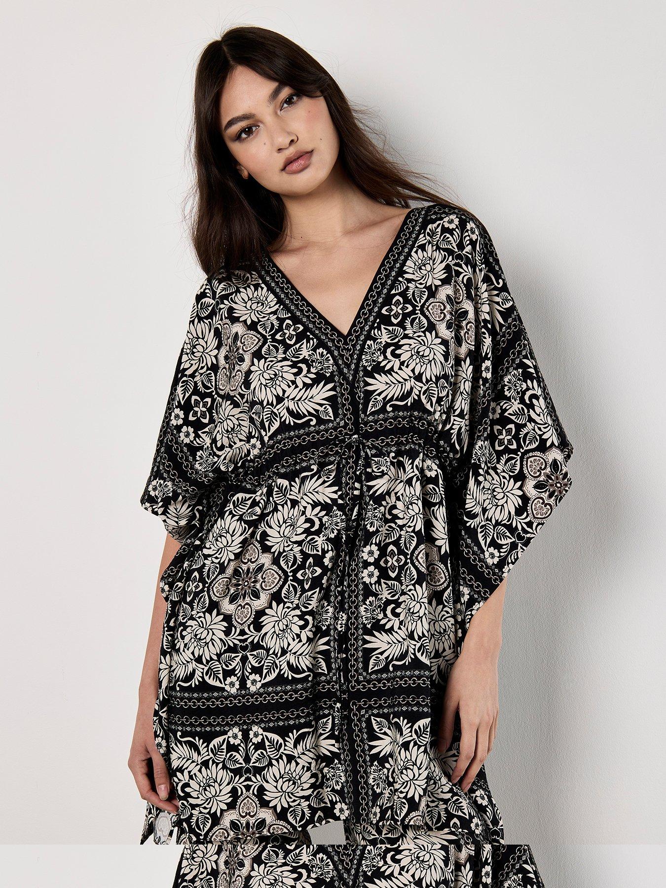 Image of Apricot Kimono Scarf Print Dress