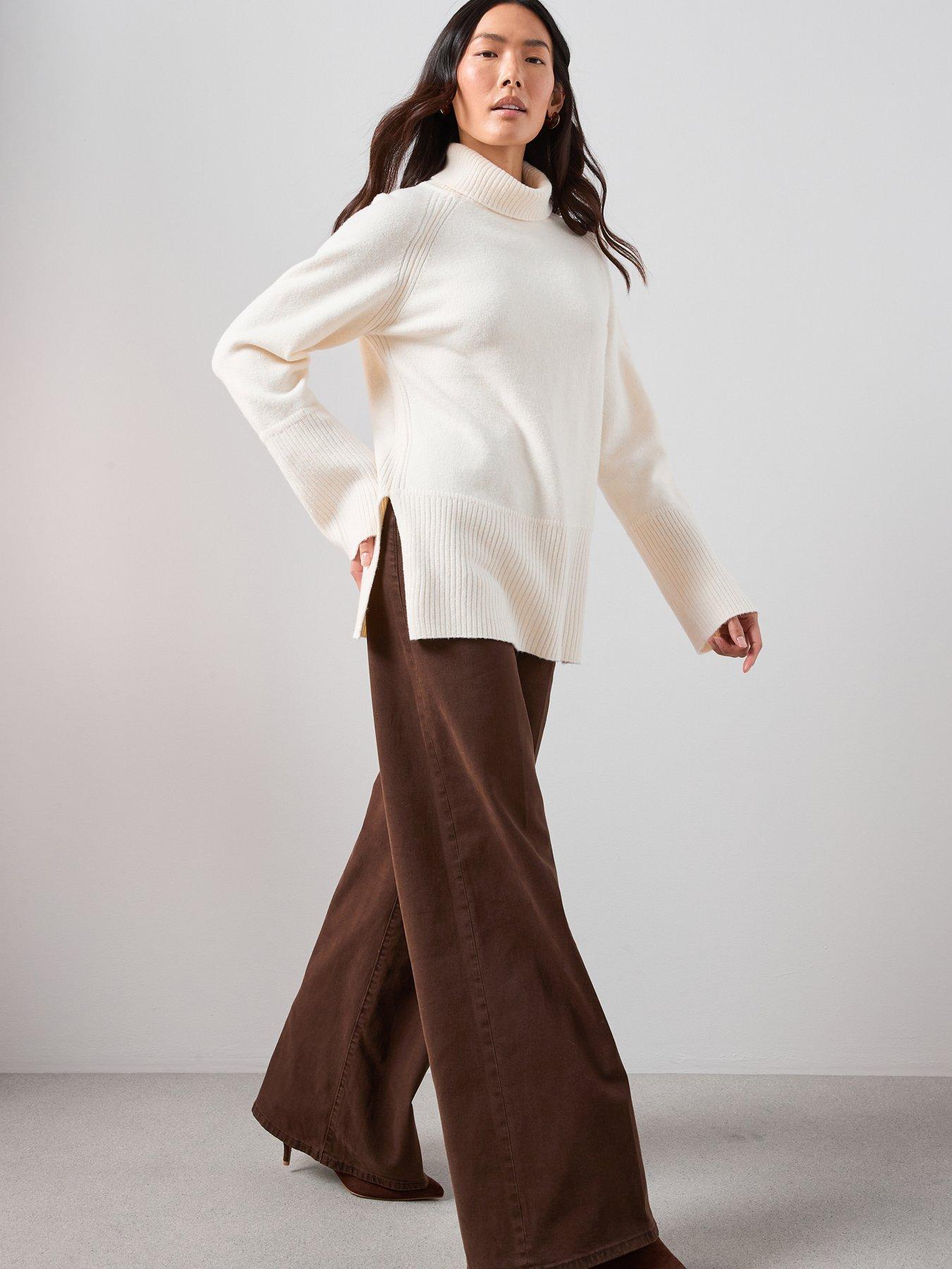 The Very Collection Cosy Yarn Roll Neck Deep Rib Longline Jumper With Wool - Cream