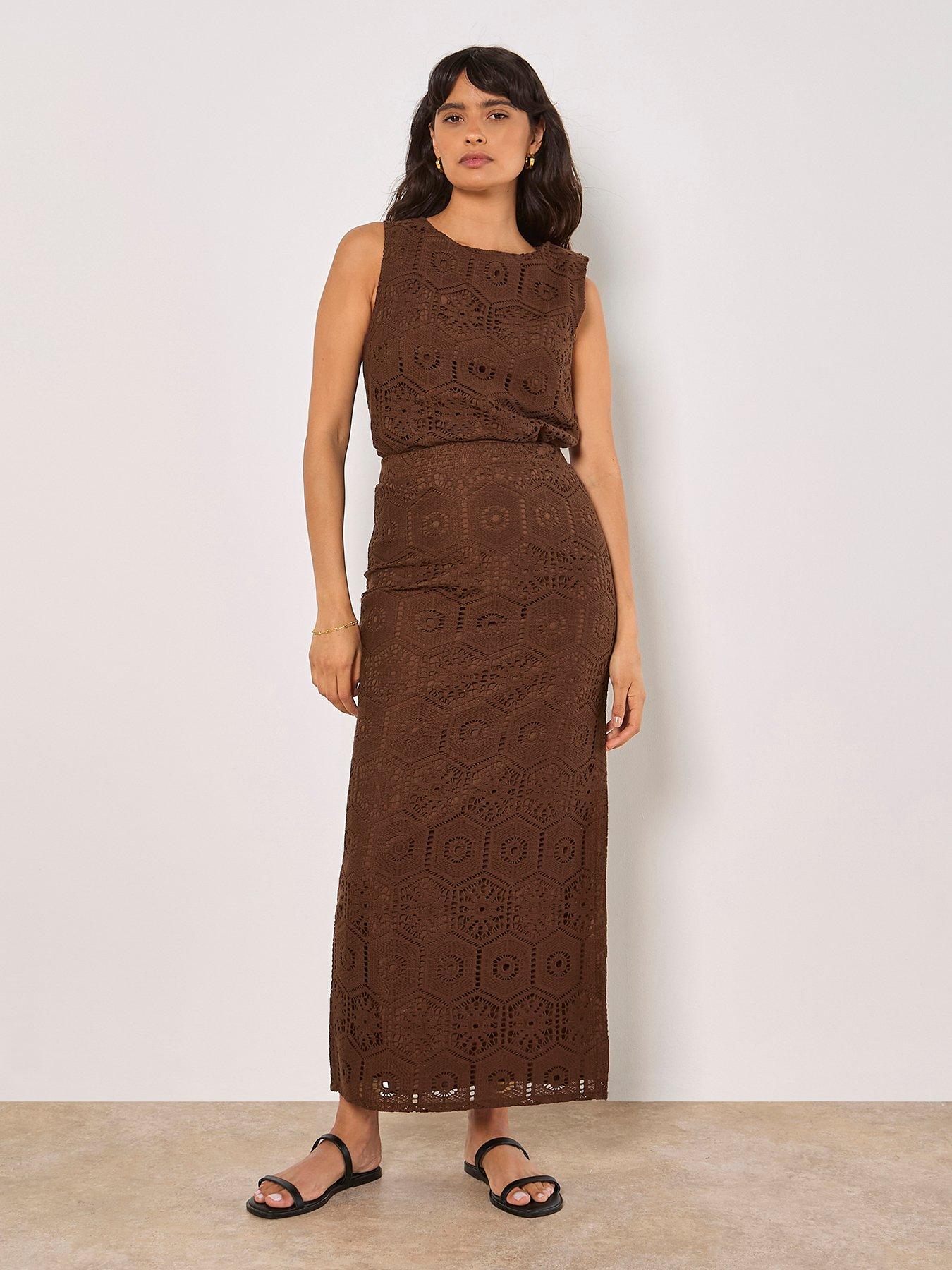Image 3 of 5 of Apricot Tile Crochet Maxi Skirt - Brown
