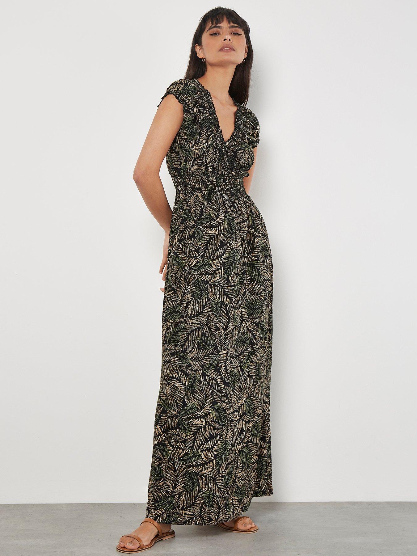 Image of Apricot Rustic Leaves Smock V-Neck Maxi Dress - Green