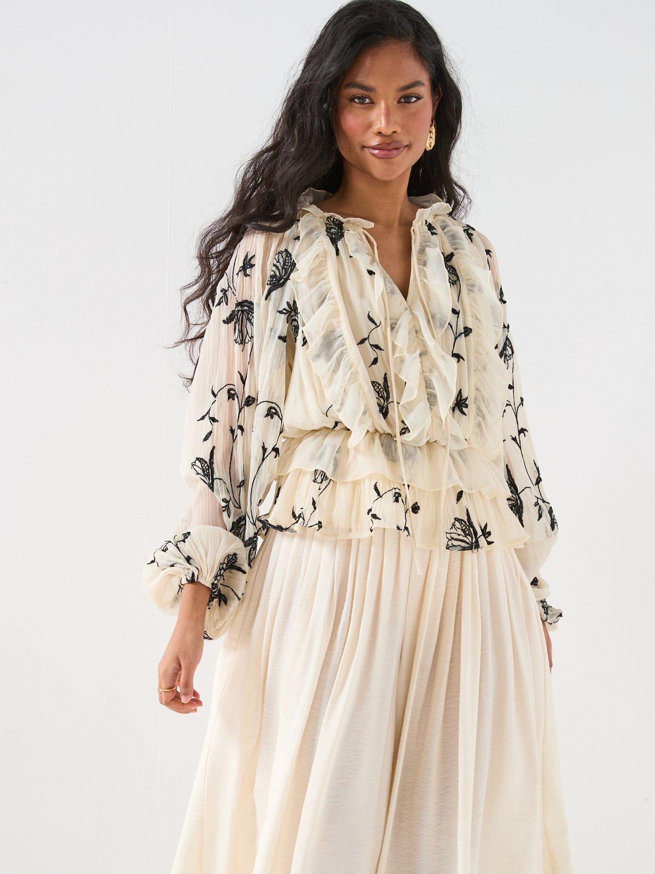 V by Very Printed Ruffle Detail Blouse - Cream