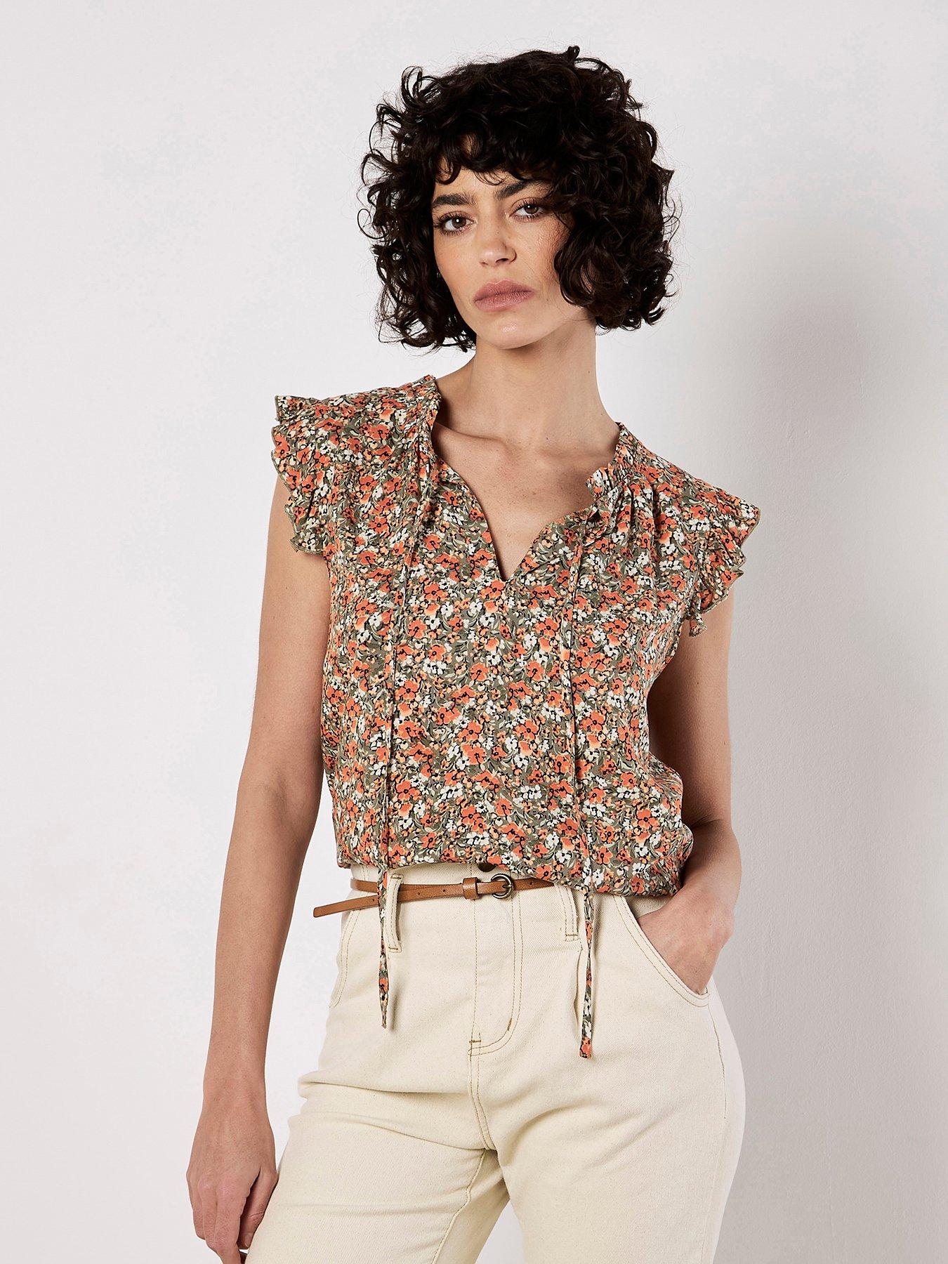 Image 1 of 5 of Apricot Ditsy Ruffle Sleeve Tie Neck Top