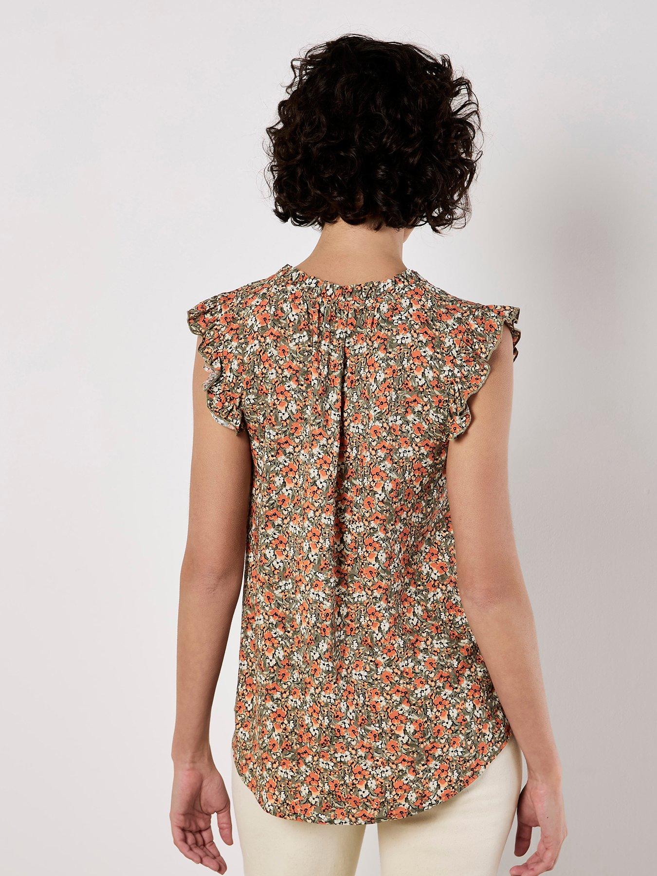 Image 2 of 5 of Apricot Ditsy Ruffle Sleeve Tie Neck Top