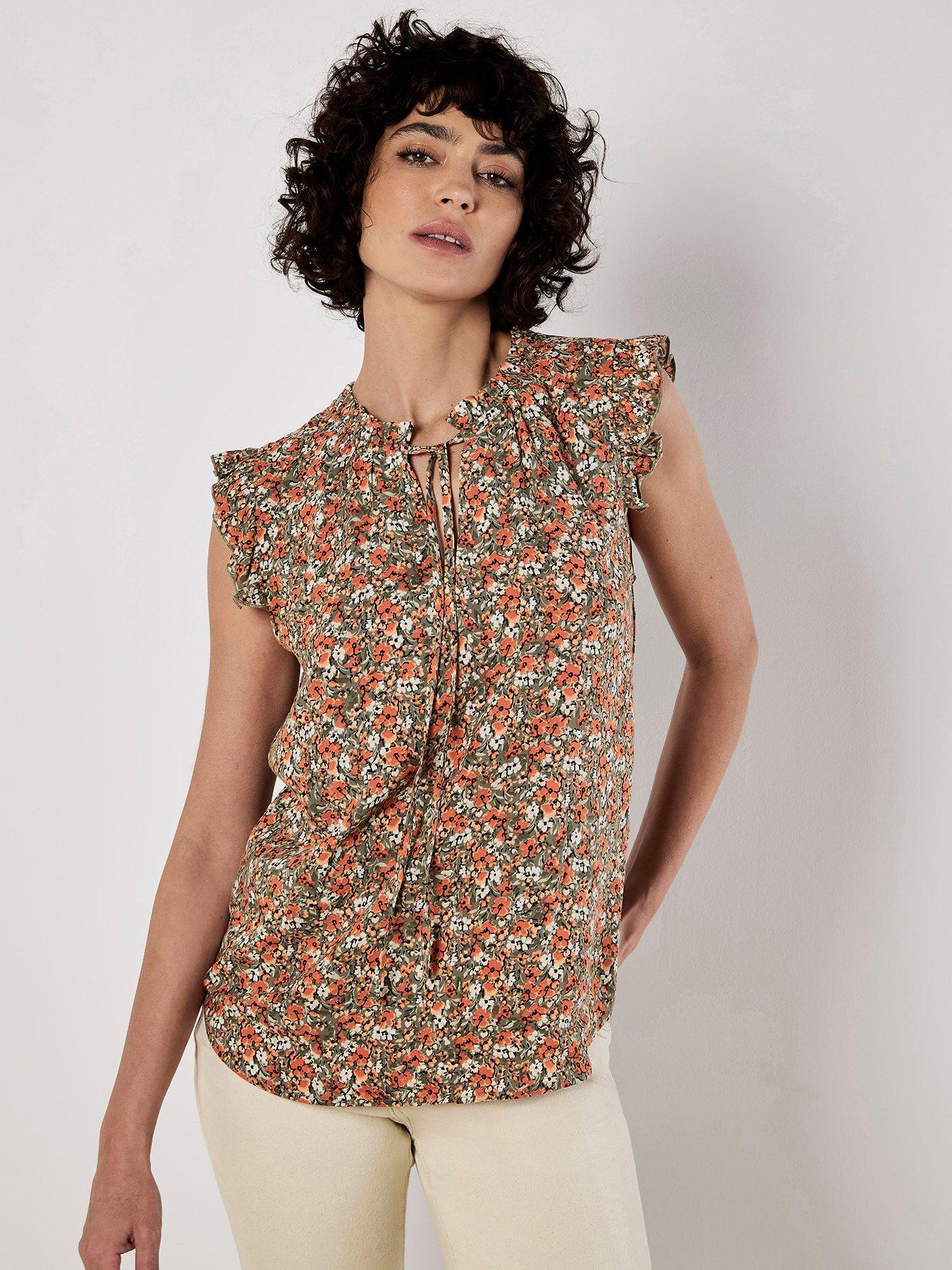 Image 5 of 5 of Apricot Ditsy Ruffle Sleeve Tie Neck Top