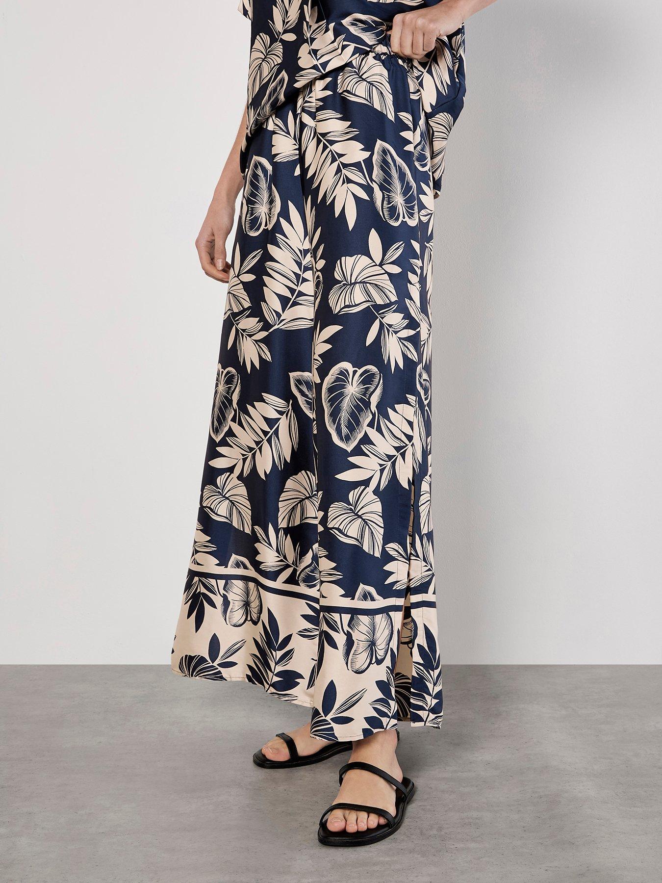 Image 1 of 5 of Apricot Palm Leaf Flare Satin Trousers - Blue