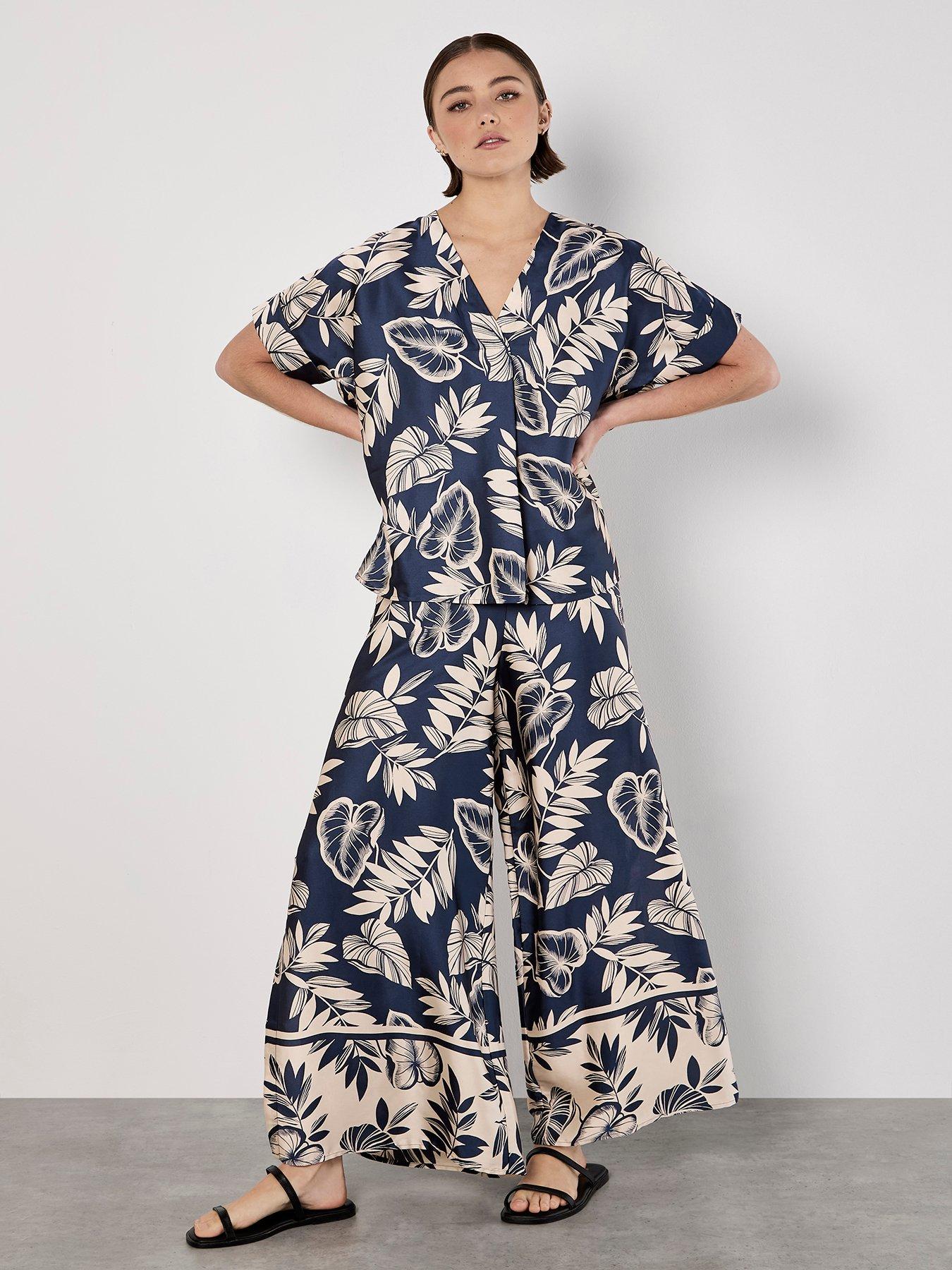 Image 3 of 5 of Apricot Palm Leaf Flare Satin Trousers - Blue