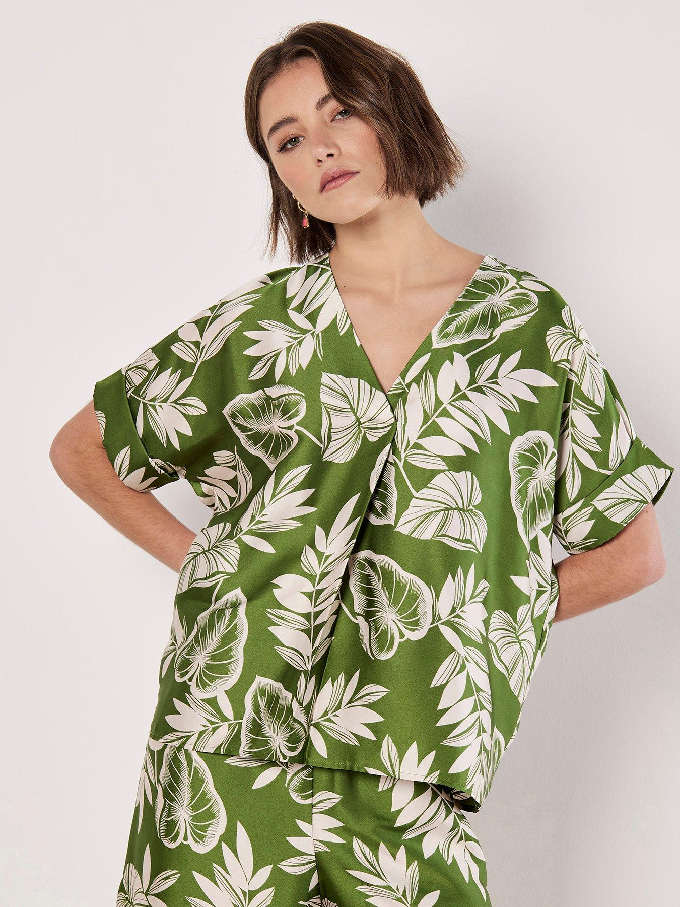 Image 1 of 4 of Apricot Apricot Leaf Print V Neck Satin Tee