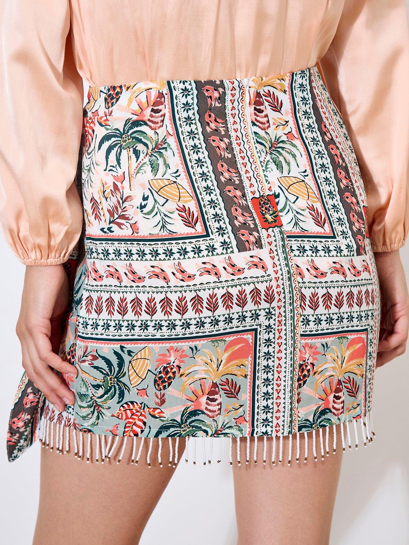Image 2 of 4 of Apricot Tropical Scarf Bead Tassle Skirt