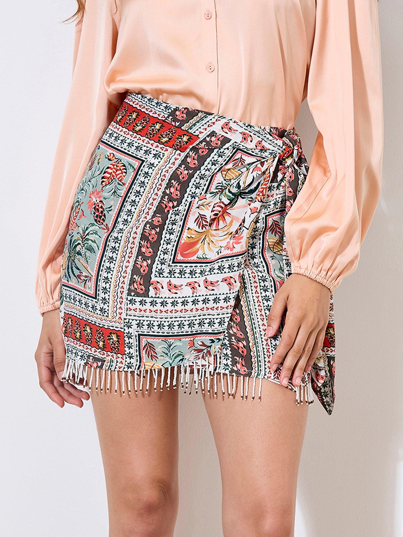 Image 4 of 4 of Apricot Tropical Scarf Bead Tassle Skirt