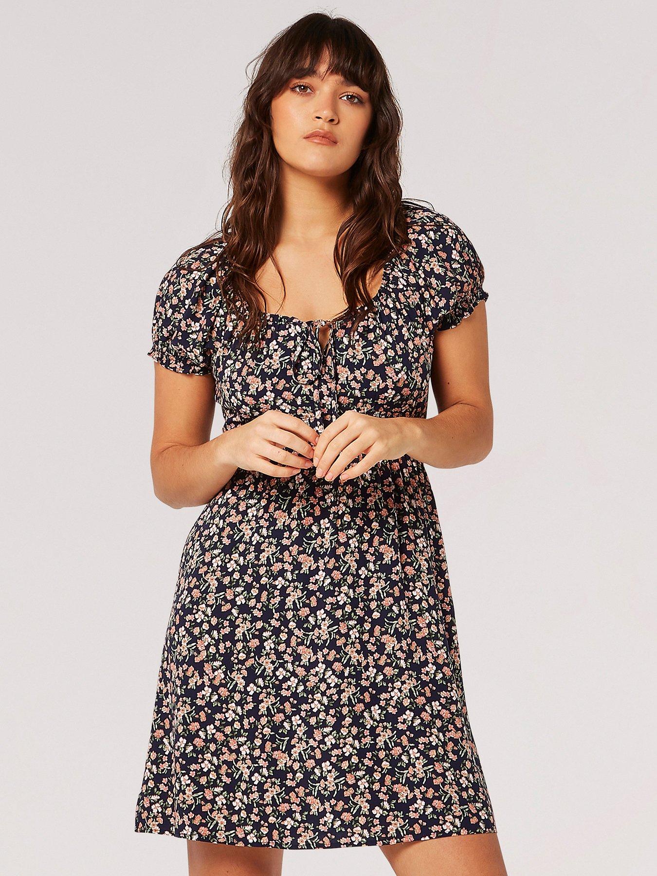 Image of Apricot Sketch Ditsy Mini Milkmaid Dress