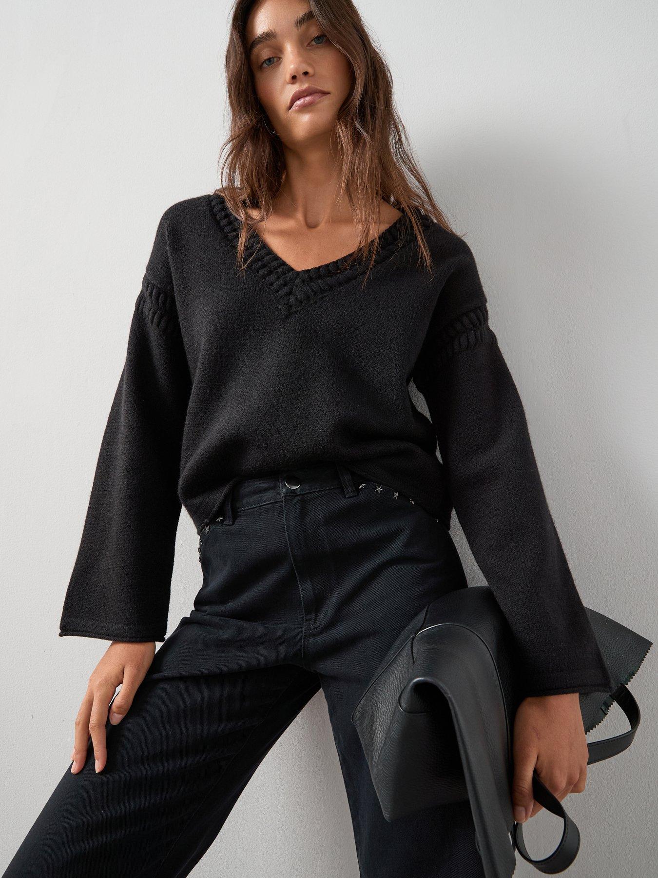 the-very-collection-v-neck-open-stitch-knitted-jumper-black