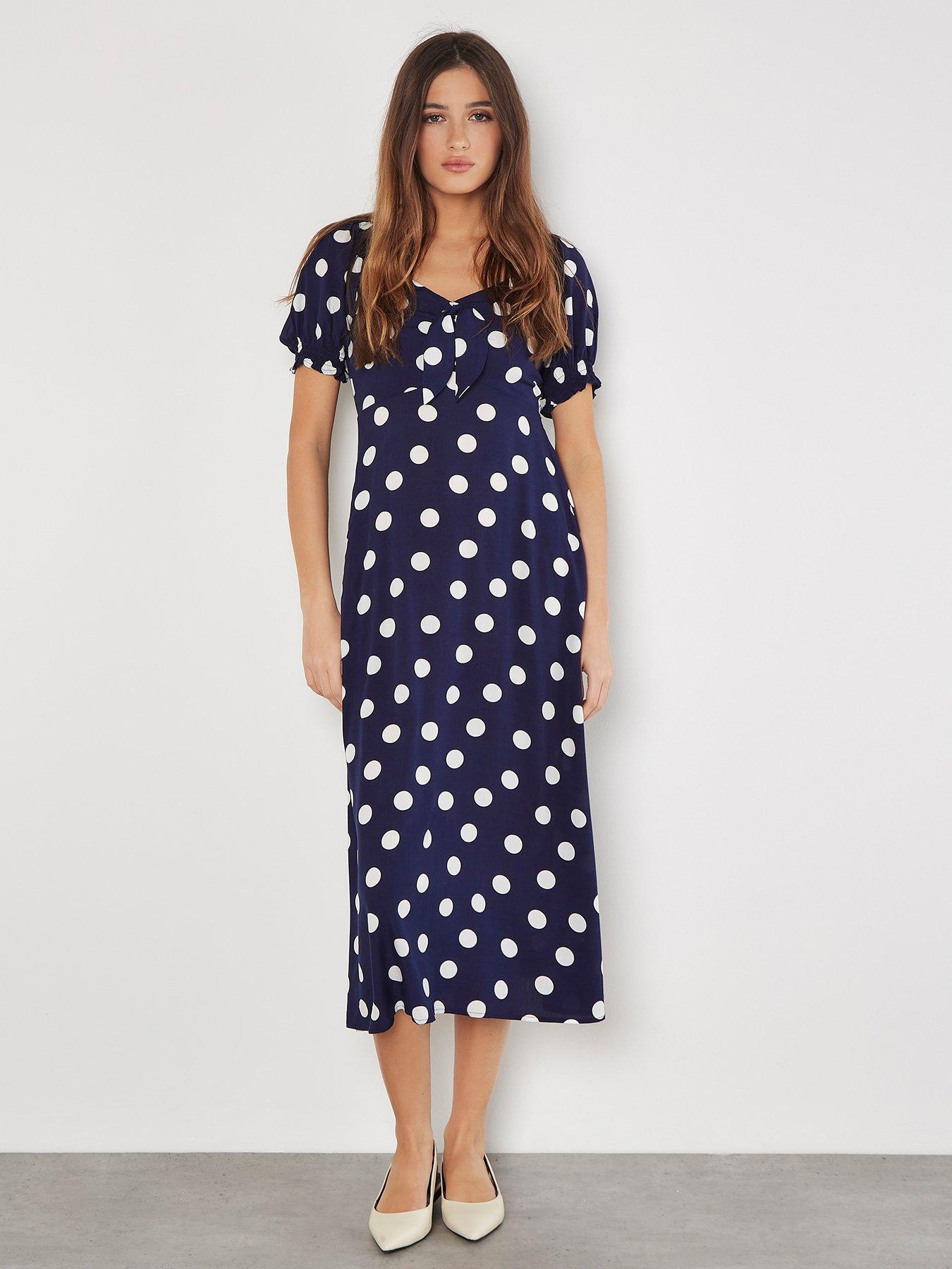 Image of Apricot Big Spot Bow Detail Midi Dress