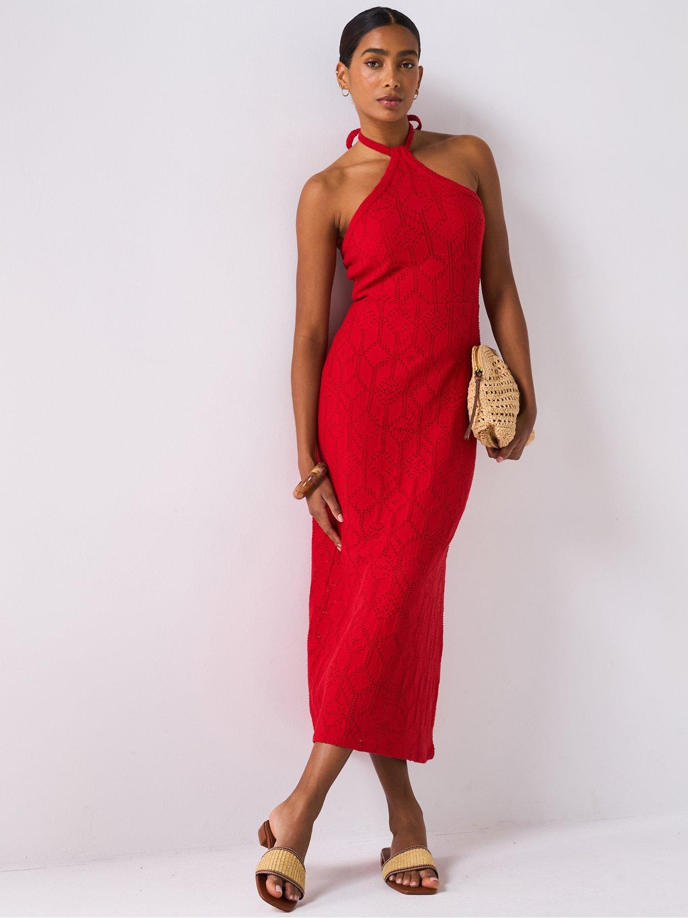 Image 1 of 6 of V by Very Halterneck Crochet Midaxi Dress - Red