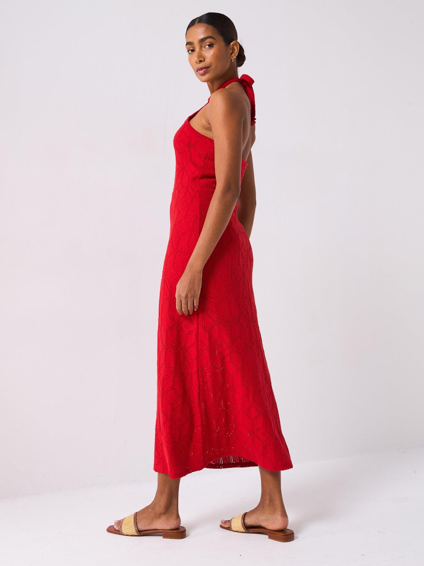 Image 2 of 6 of V by Very Halterneck Crochet Midaxi Dress - Red