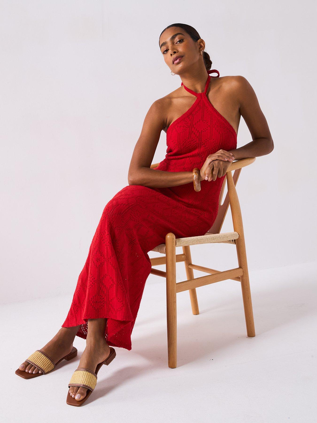 Image 3 of 6 of V by Very Halterneck Crochet Midaxi Dress - Red
