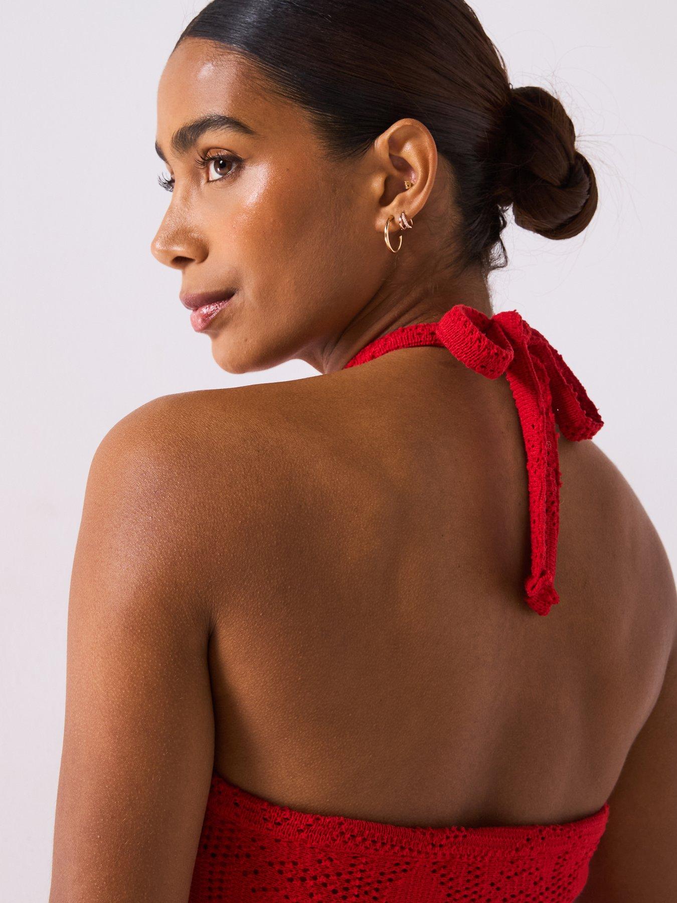 Image 4 of 6 of V by Very Halterneck Crochet Midaxi Dress - Red