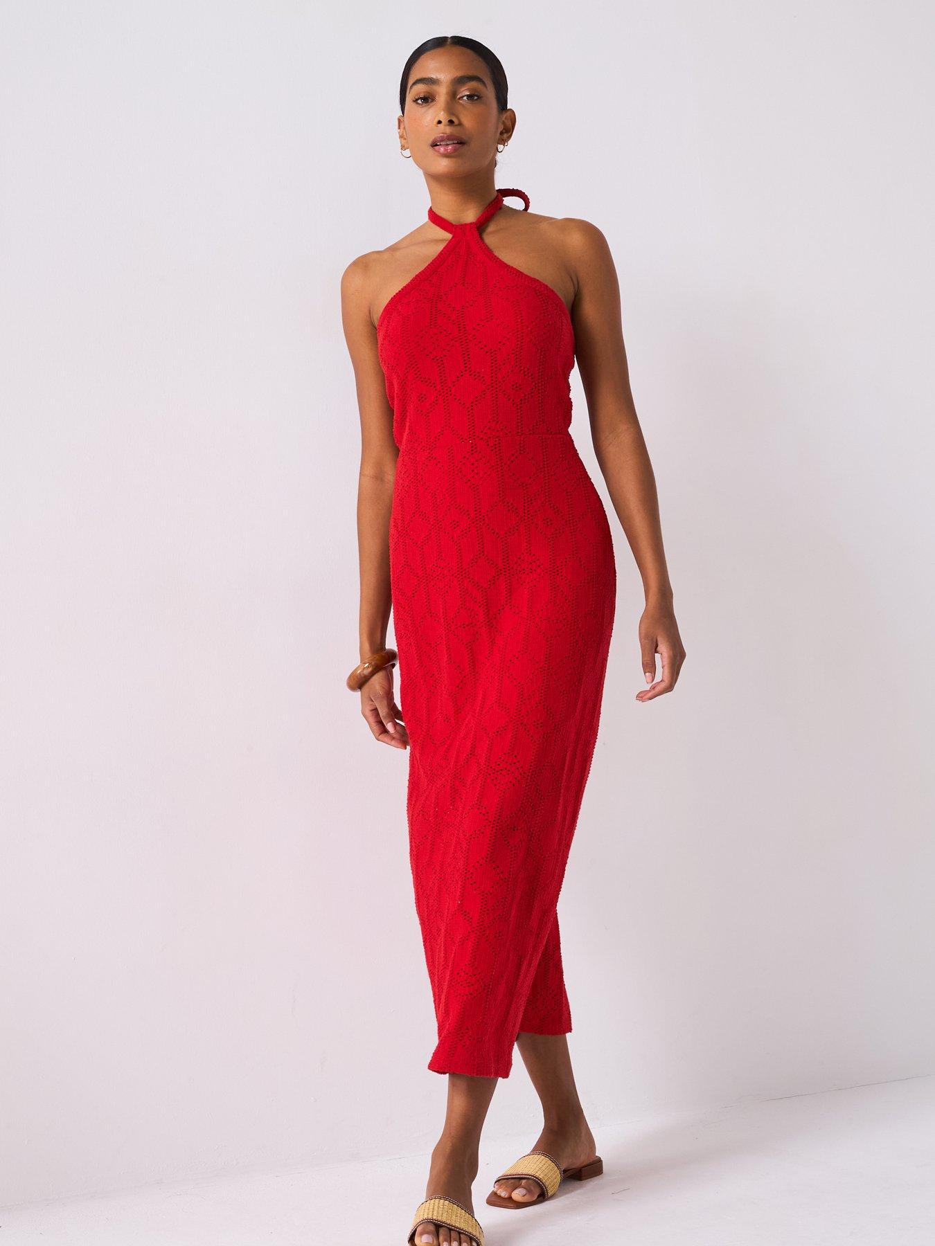 Image 6 of 6 of V by Very Halterneck Crochet Midaxi Dress - Red