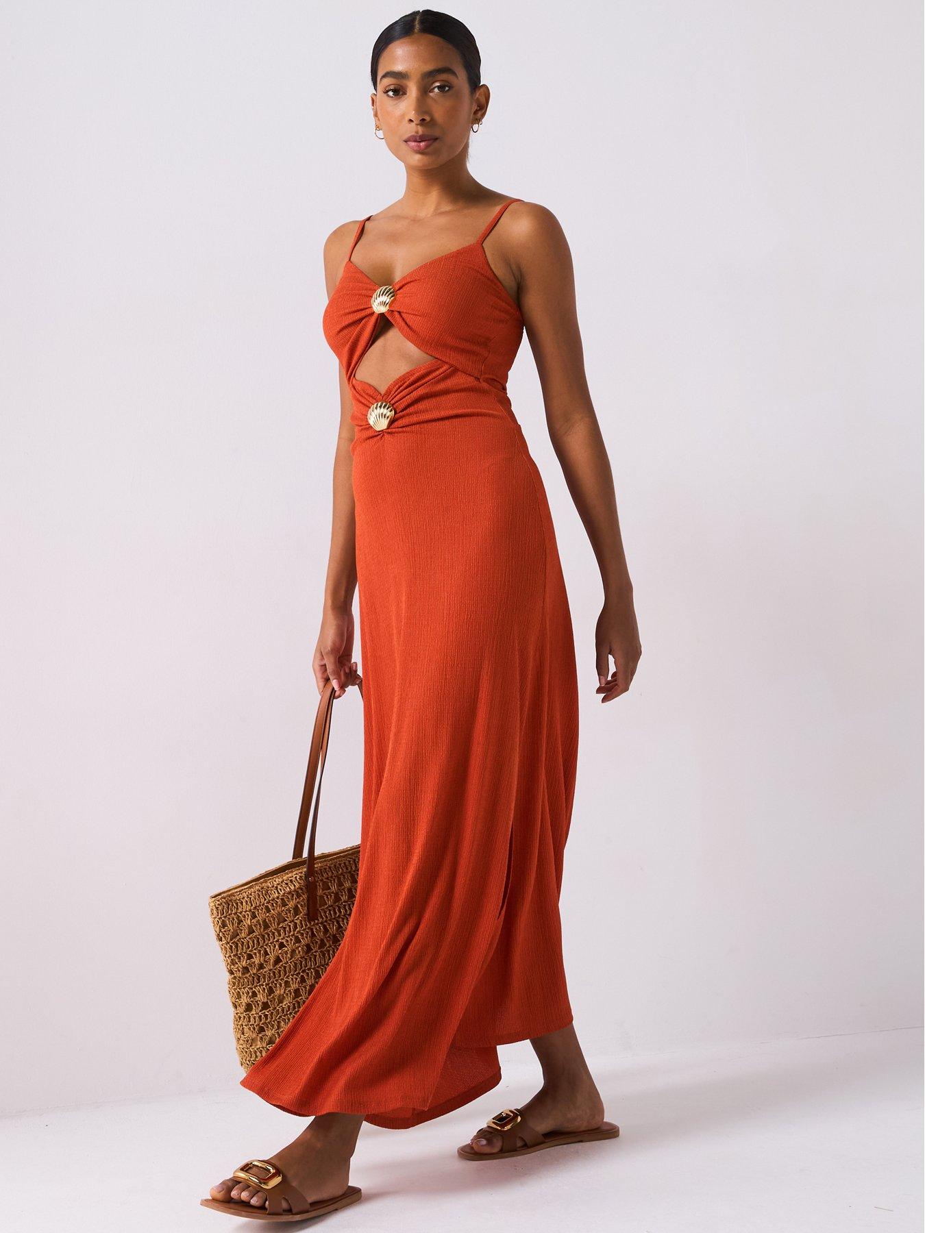 undefined Shell Detail Cut Out Maxi Dress - Brick