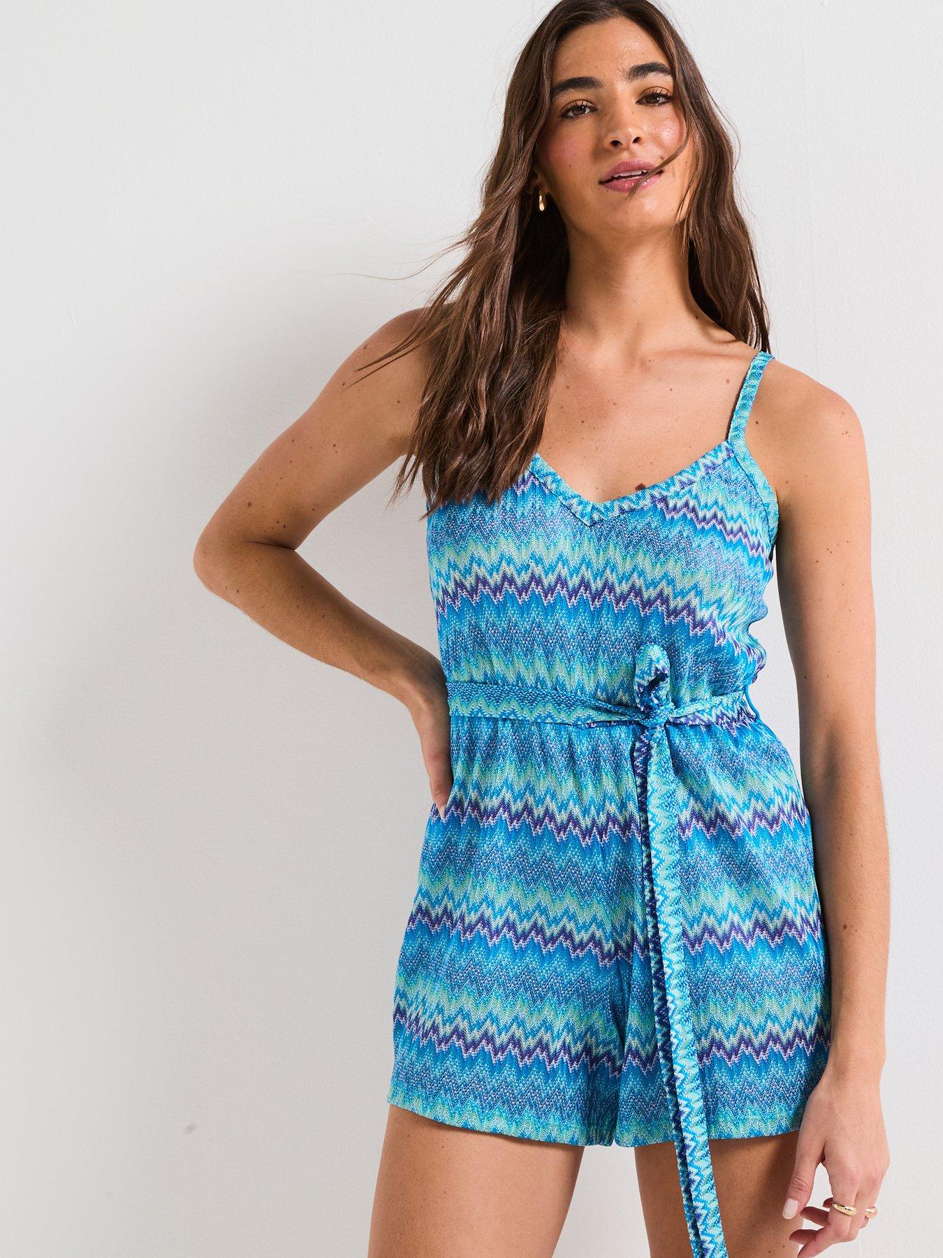 Image 1 of 6 of V by Very Chevron Tie Waist Playsuit - Blue
