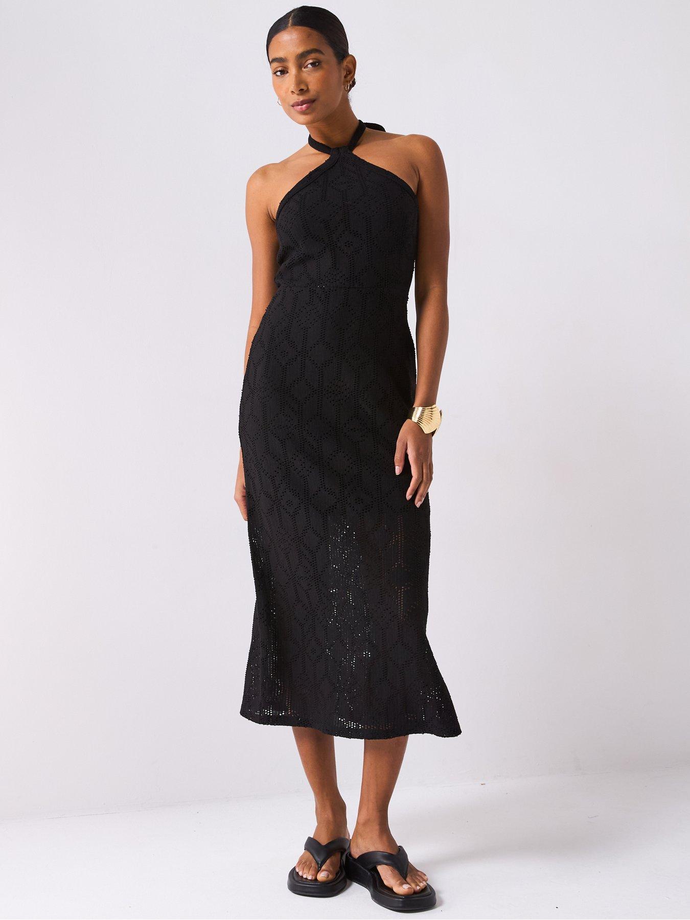 V by Very Halterneck Crochet Midaxi Dress - Black
