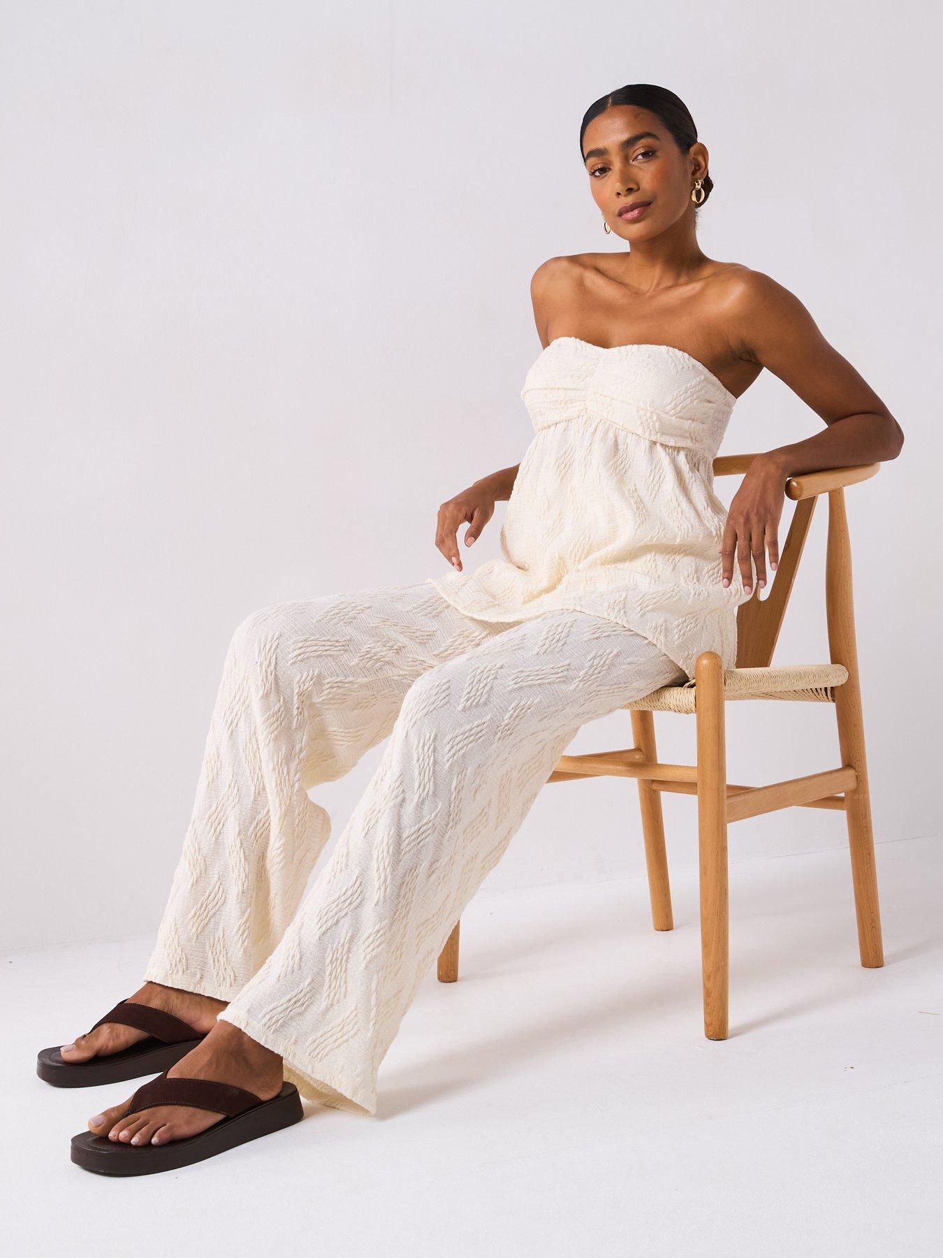 Image 5 of 6 of V by Very Textured Wide Leg Trouser Co-Ord - Ecru