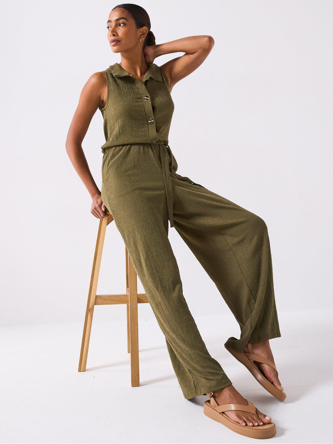 undefined Textured Sleeveless Wide Leg Jumpsuit - Khaki