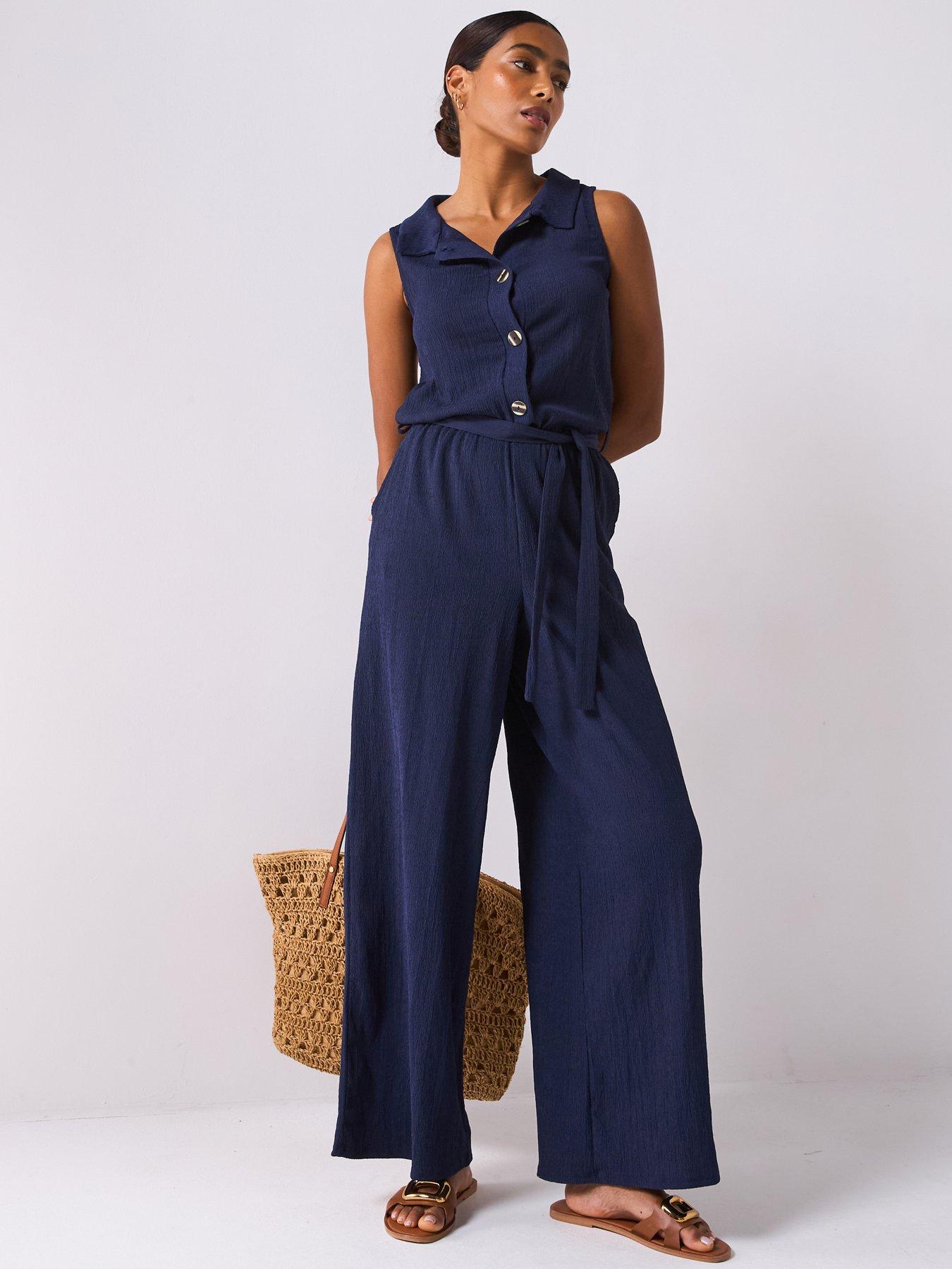 undefined Textured Sleeveless Wide Leg Jumpsuit - Navy