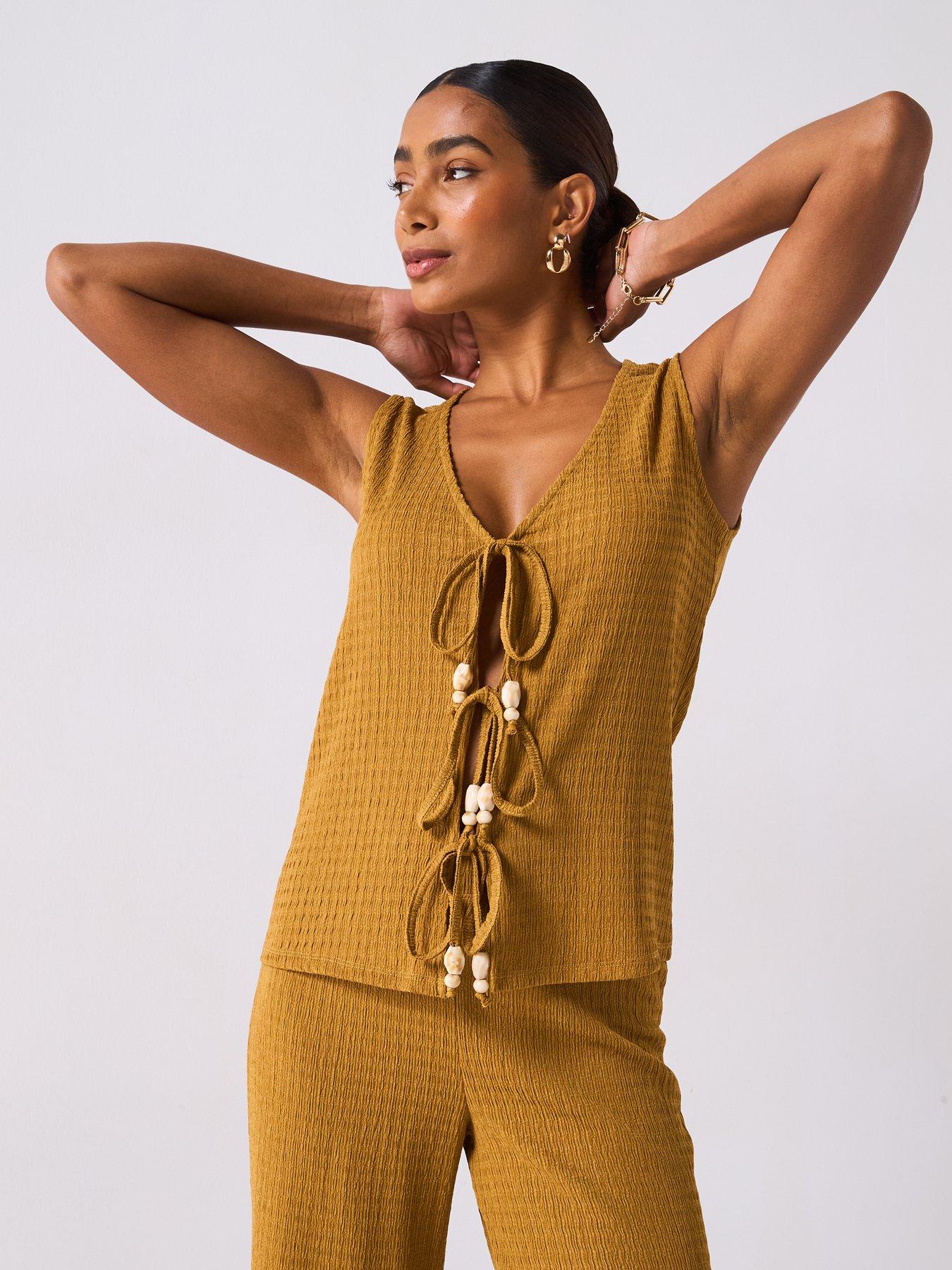 Image of V by Very Bead Detail Tie Up Textured Top Co-Ord - Yellow