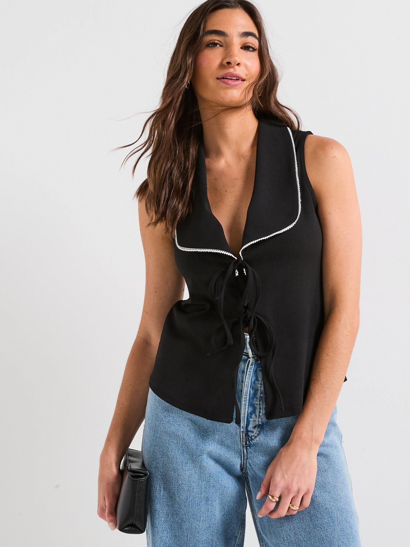 V by Very Contrast Piping Tie Up Top - Black