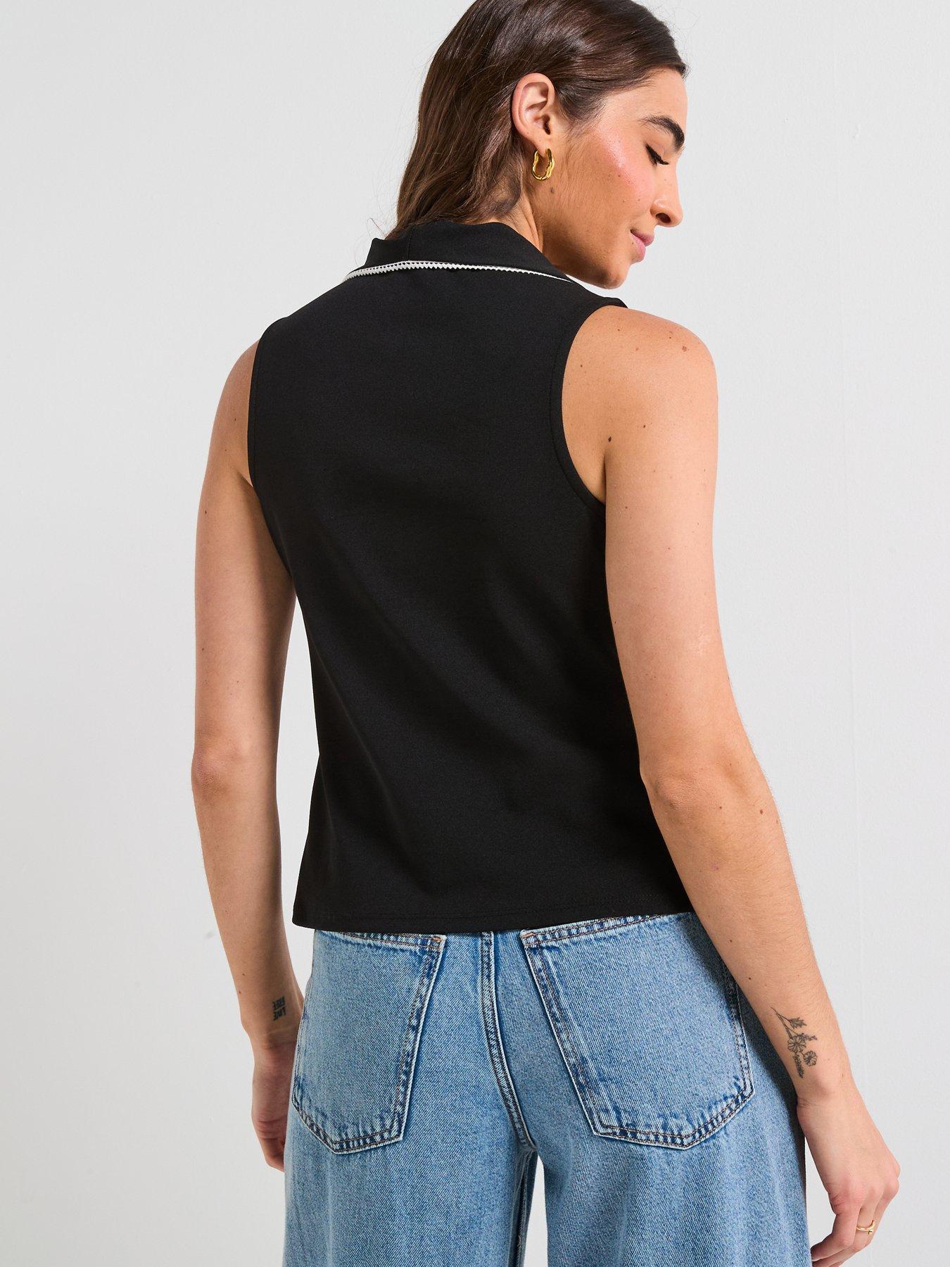 v-by-very-contrast-piping-tie-up-top-blackstillFront