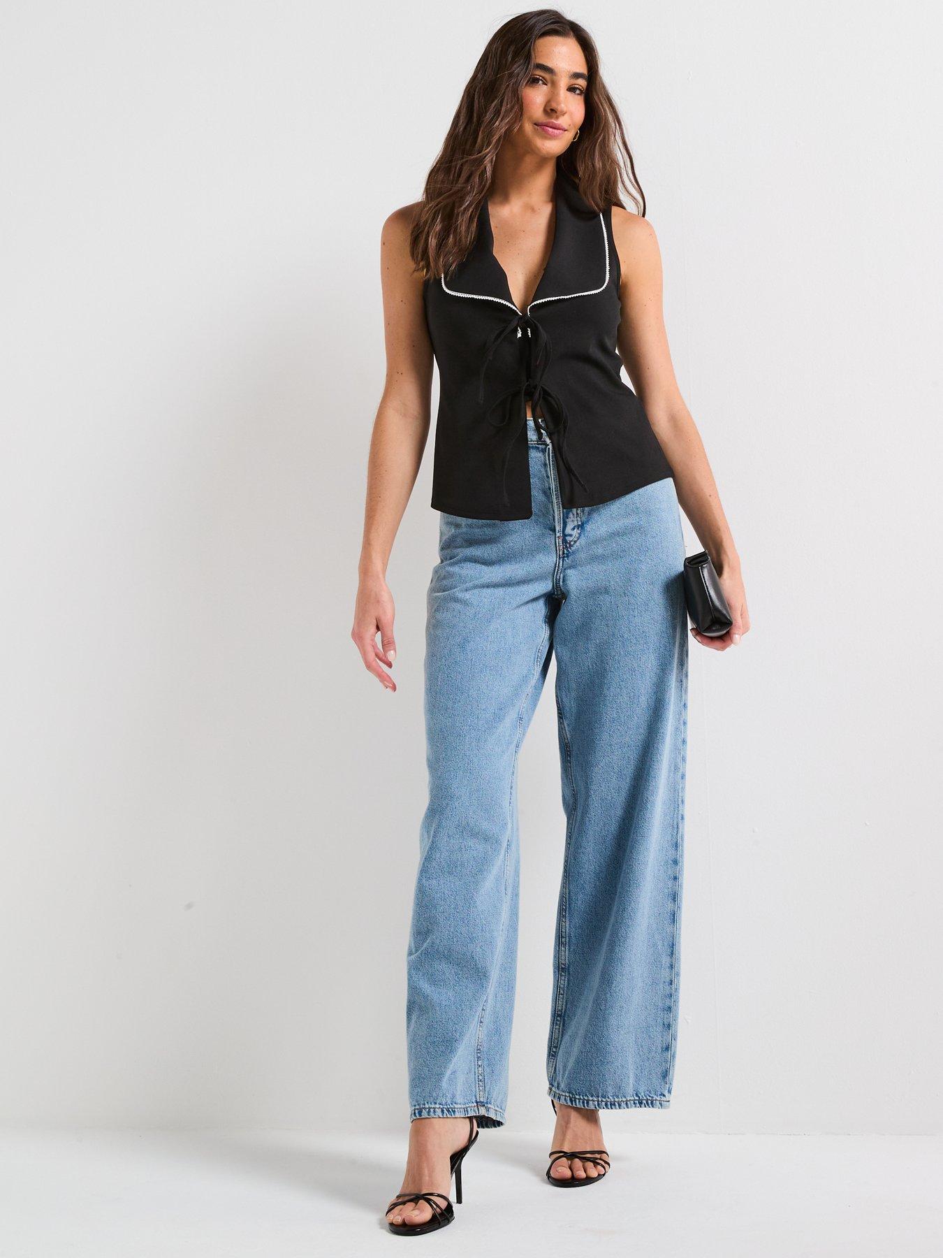 Image 3 of 5 of V by Very Contrast Piping Tie Up Top - Black