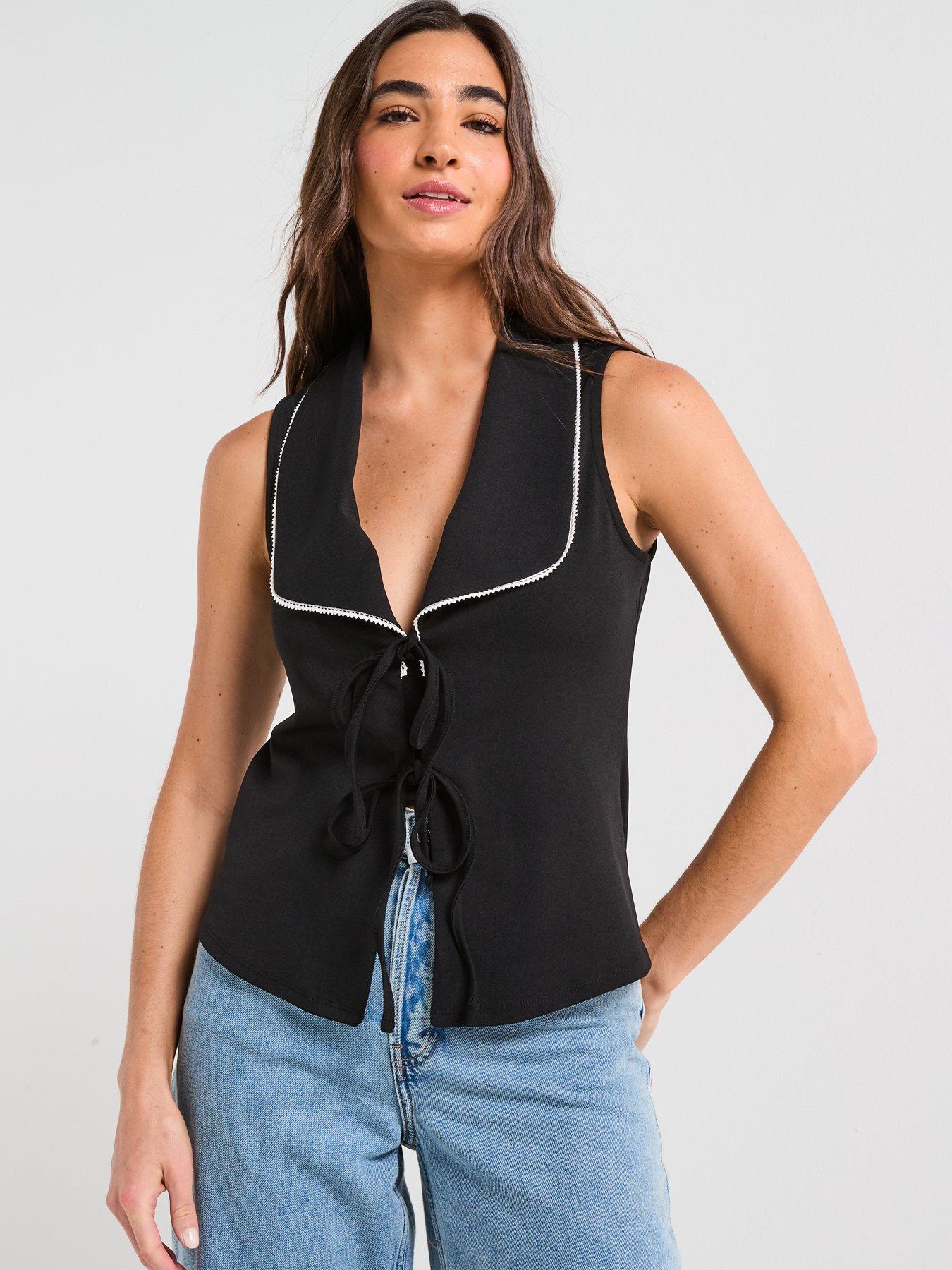 Image 5 of 5 of V by Very Contrast Piping Tie Up Top - Black