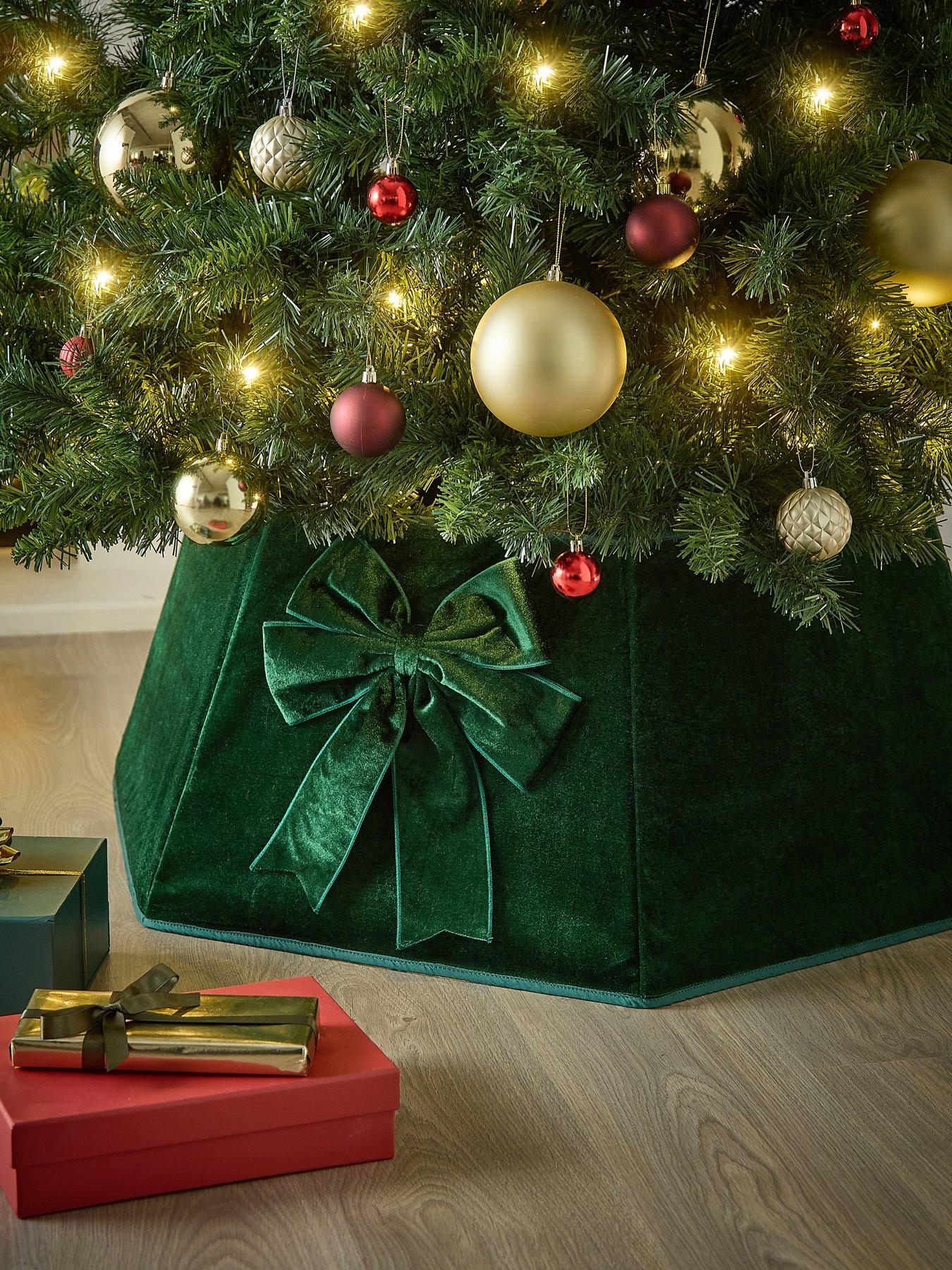 Very Home Green Velvet Christmas Tree Skirt with Bow Detail