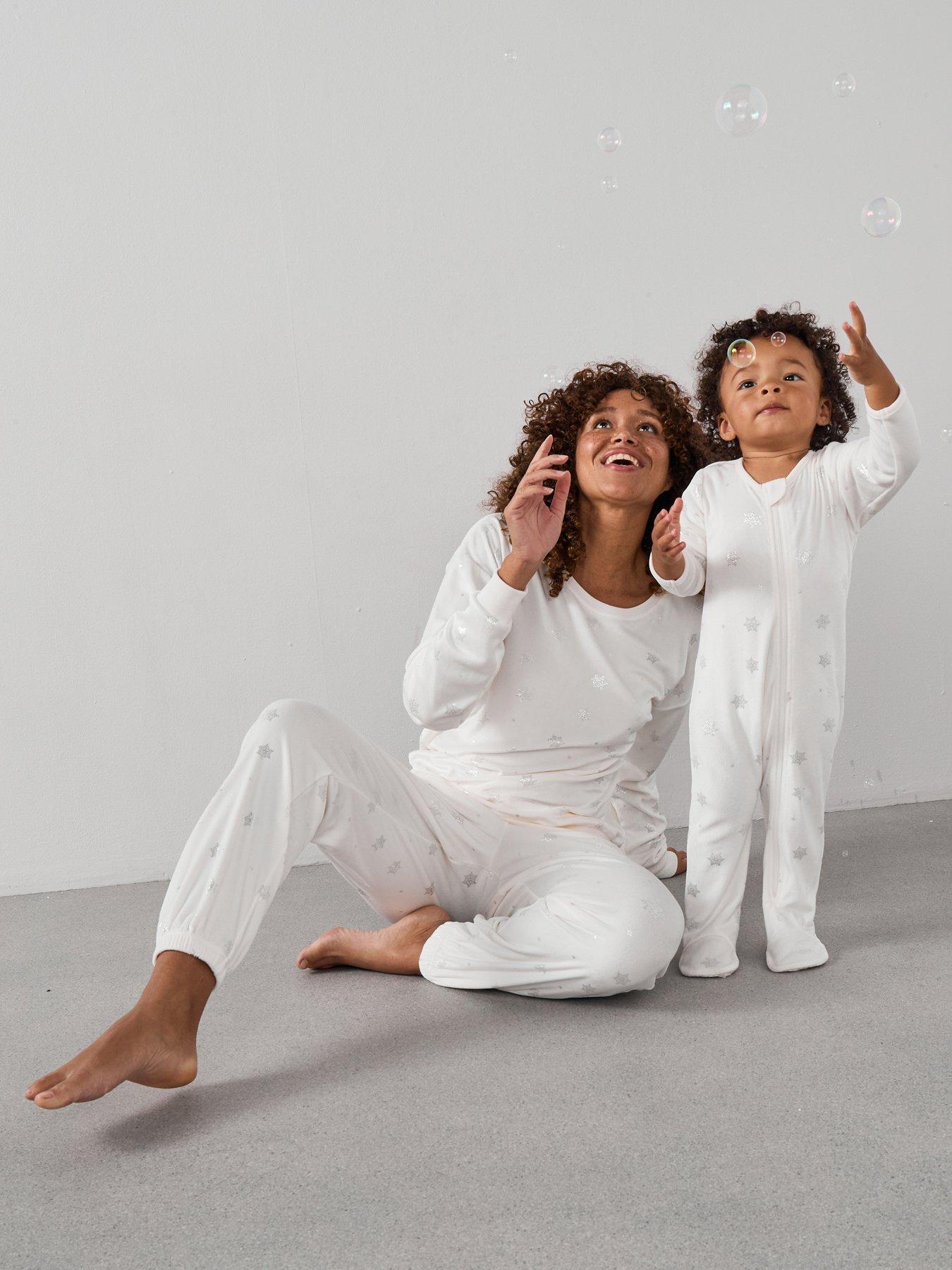 The Very Collection Baby Girl Family Christmas Pj Soft Touch Foil Print Romper - Cream