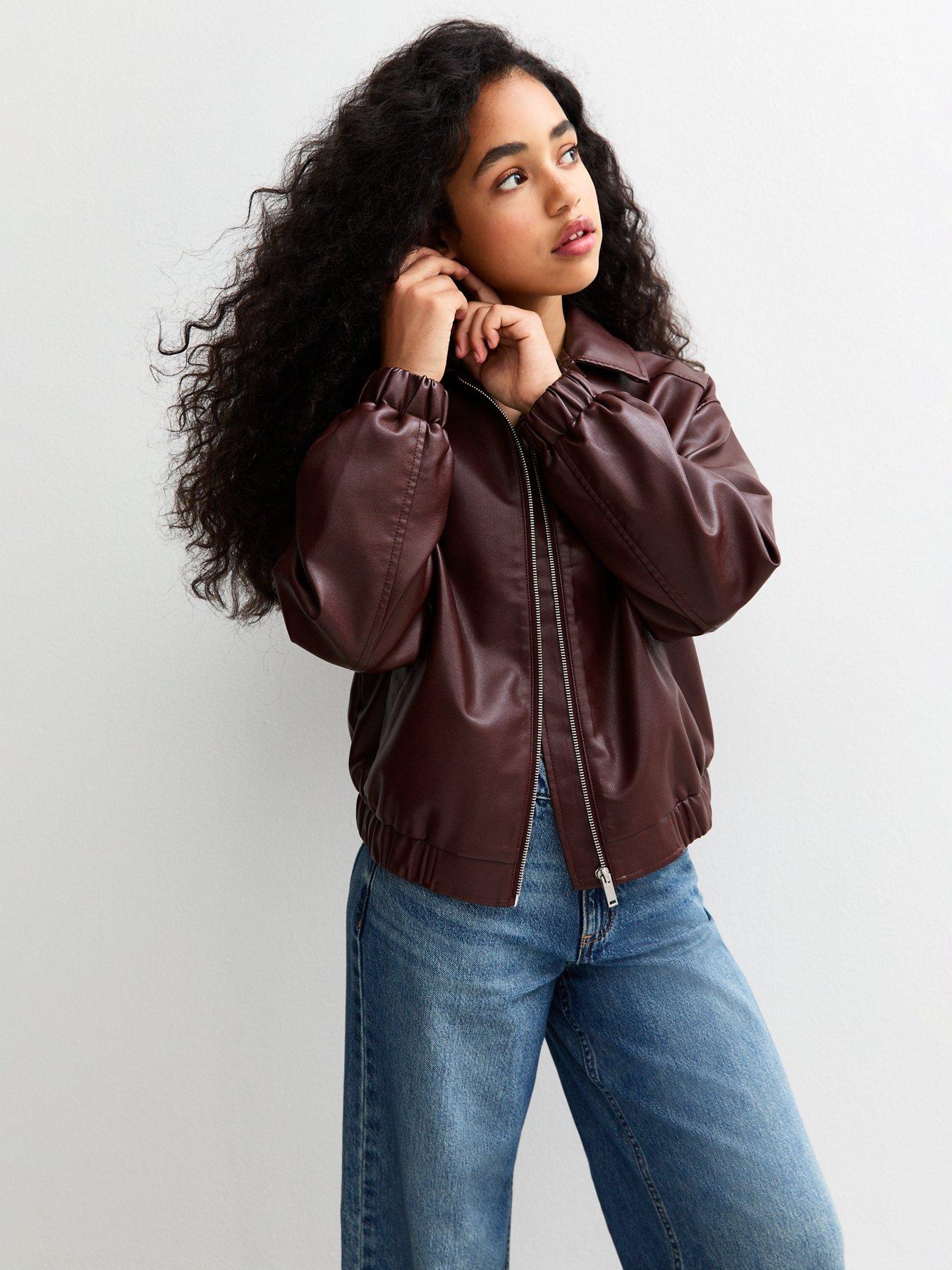 New Look 915 Girls Faux Leather Bomber Jacket - Dark Red