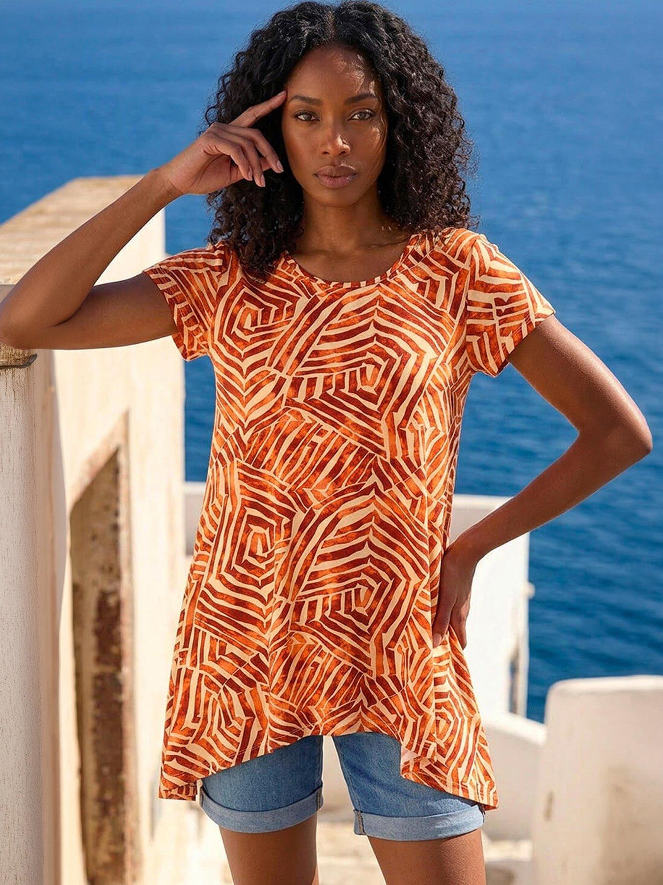 Roman Abstract Print Hanky Hem Tunic Top - Orange