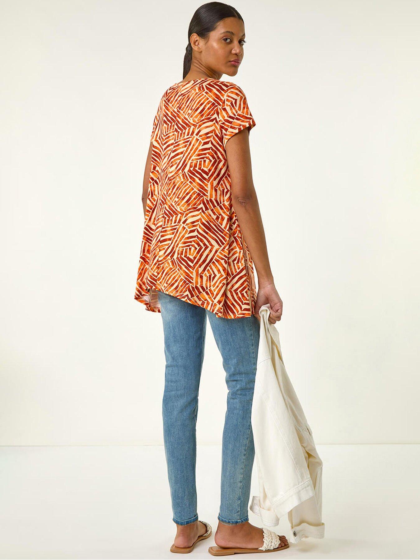 Image 2 of 5 of Roman Abstract Print Hanky Hem Tunic Top - Orange