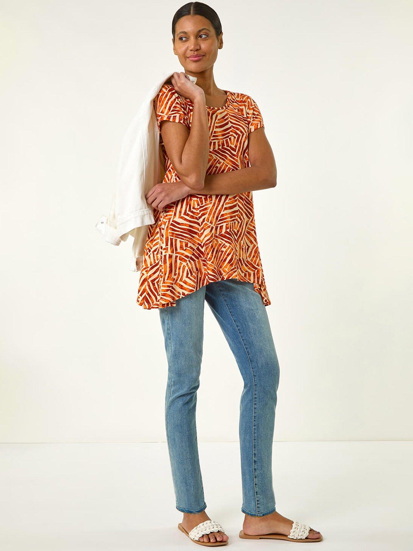 Image 3 of 5 of Roman Abstract Print Hanky Hem Tunic Top - Orange