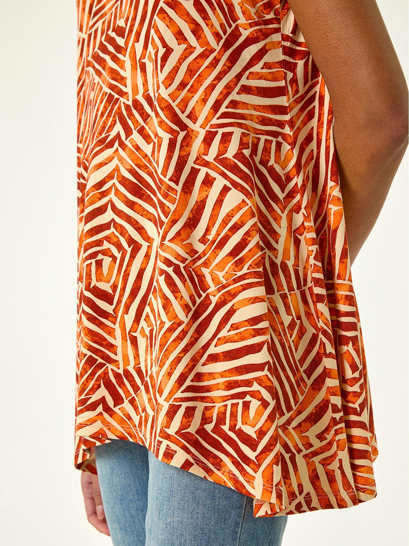 Image 5 of 5 of Roman Abstract Print Hanky Hem Tunic Top - Orange
