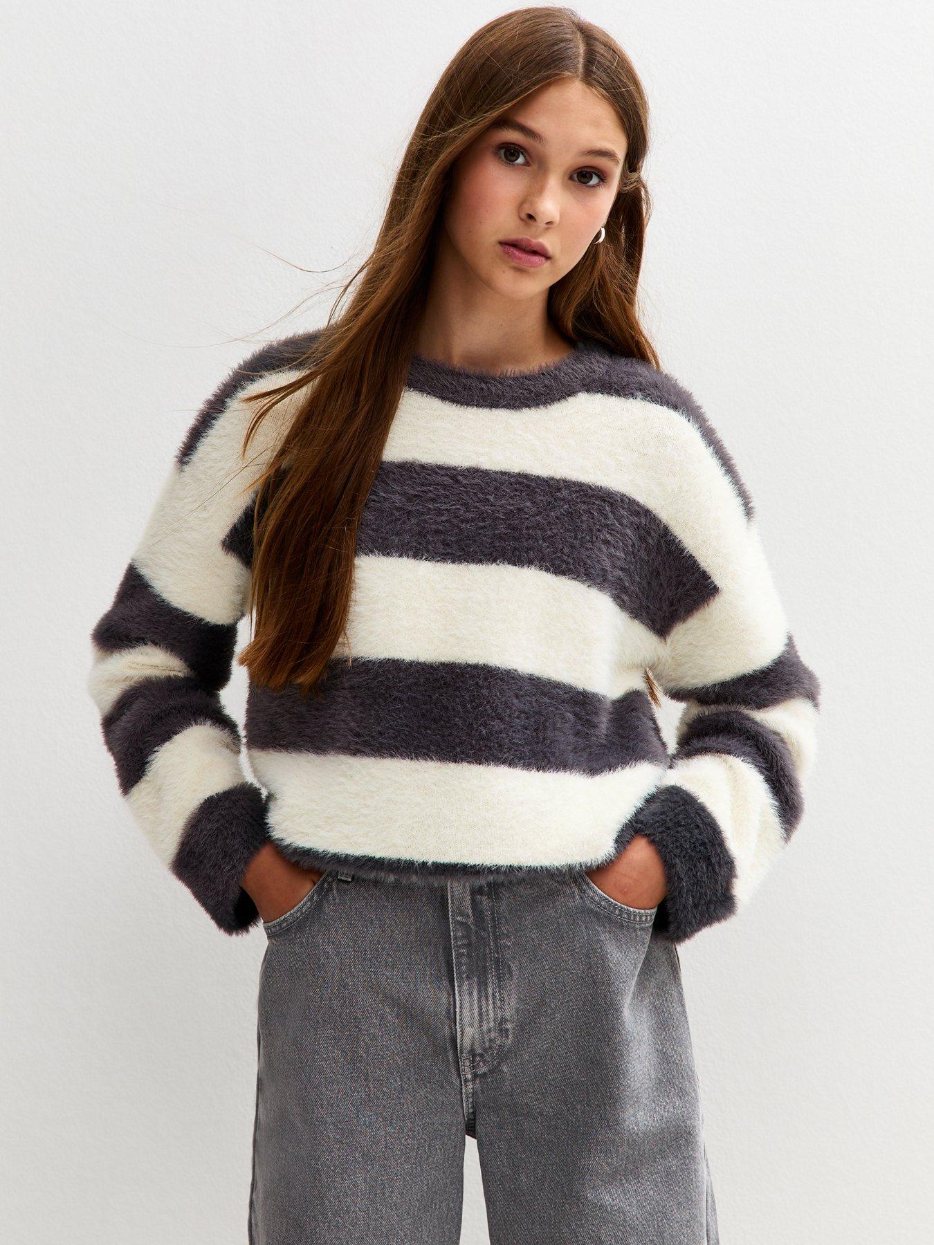 New Look 915 Girls Fluffy Striped Jumper - White
