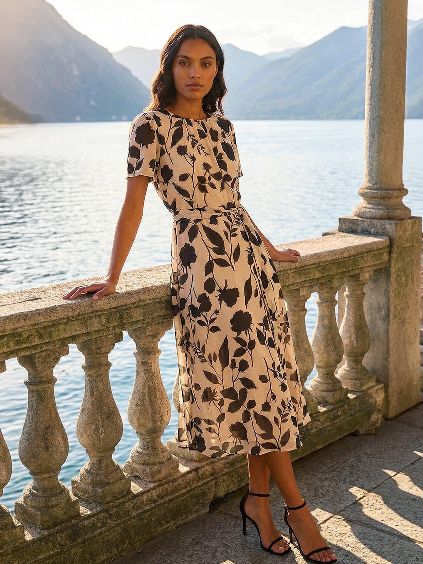 Roman Flower Print Pleat Neck Midi Dress - Cream