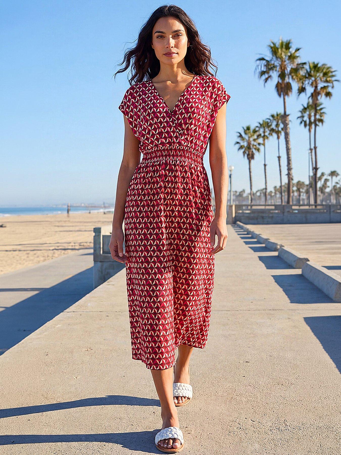 Roman Geo Print V-neck Stretch Midi Dress - Red