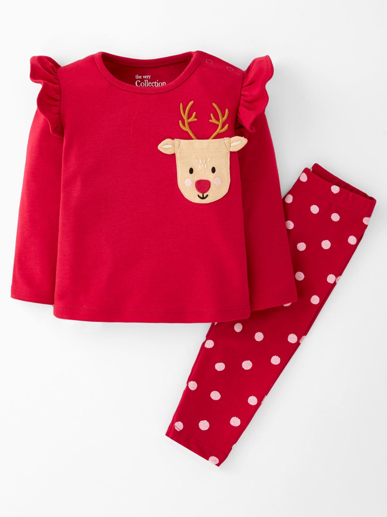 The Very Collection Baby Girls Reindeer Rib Long Sleeve Christmas T-shirt And Legging Set - Red