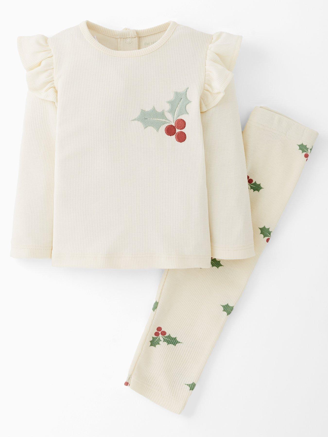 The Very Collection Baby Girls Holly Print Rib Long Sleeve Christmas T-Shirt And Legging Set - Cream