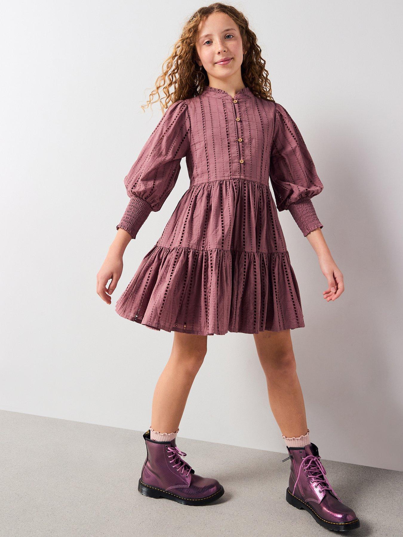 V by Very Girls Broiderie Blouson Sleeve Dress