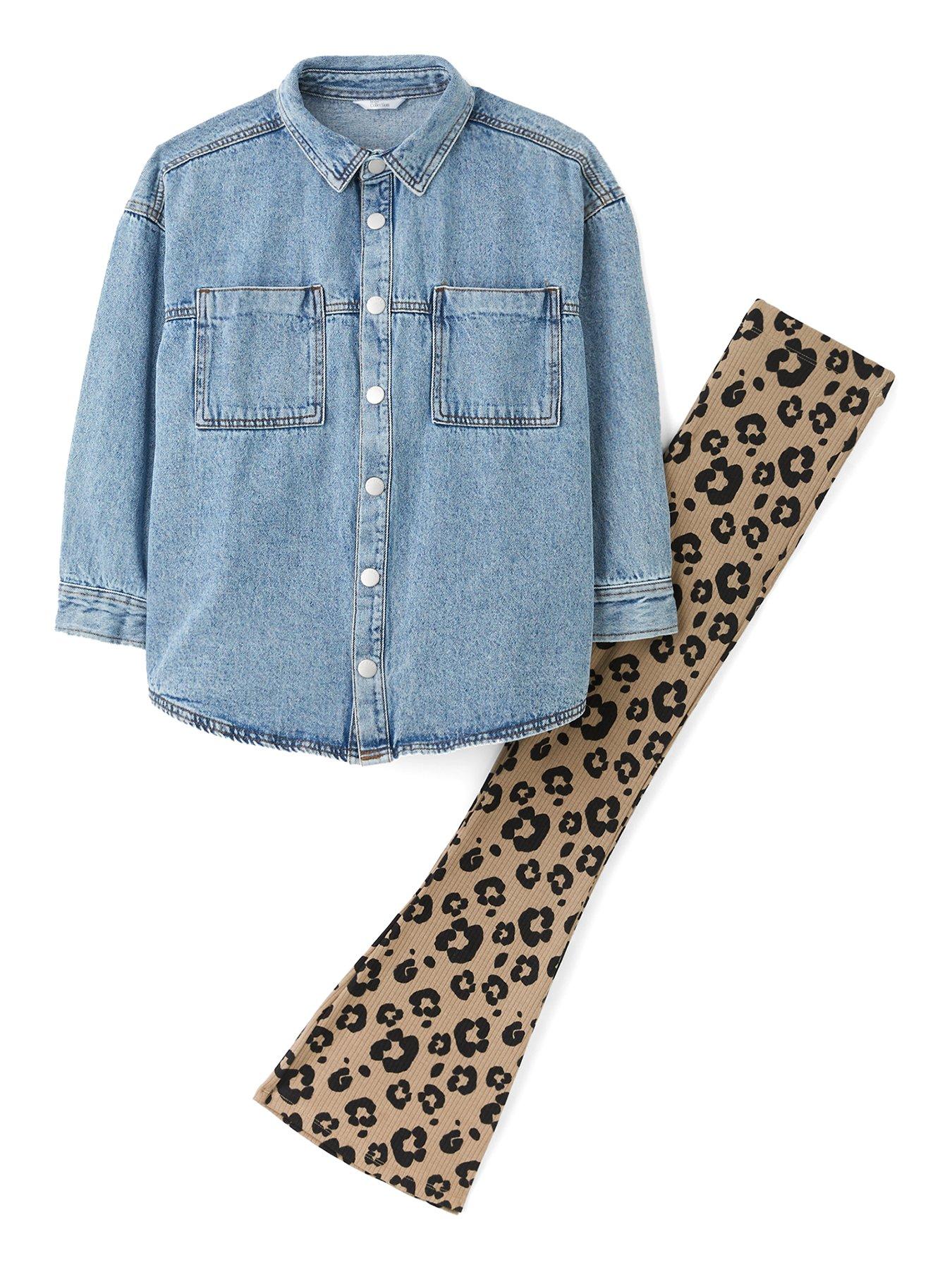 Image 1 of 4 of The Very Collection Girls Denim Shirt And Animal Flare Legging Outfit - Print